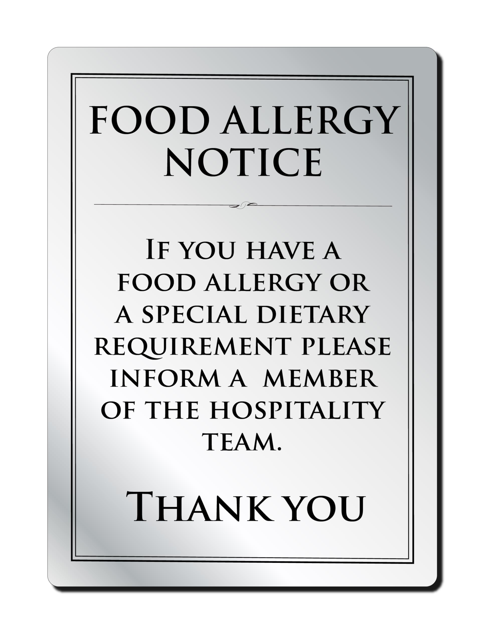 Food Allergy Sign Notice Allergen Intolerances "Inform Hospitality Team" A5 Silver 148 x 210mm Restaurant Catering Warning Bar Sign (Silver - A5)