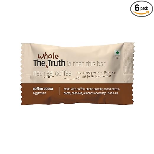 The Whole Truth - Protein Bars | Coffee Cocoa | Pack of 6 x 52g each | No Added Sugar | No Preservatives | No Artificial Sweeteners | No Gluten or Soy | All Natural Ingredients
