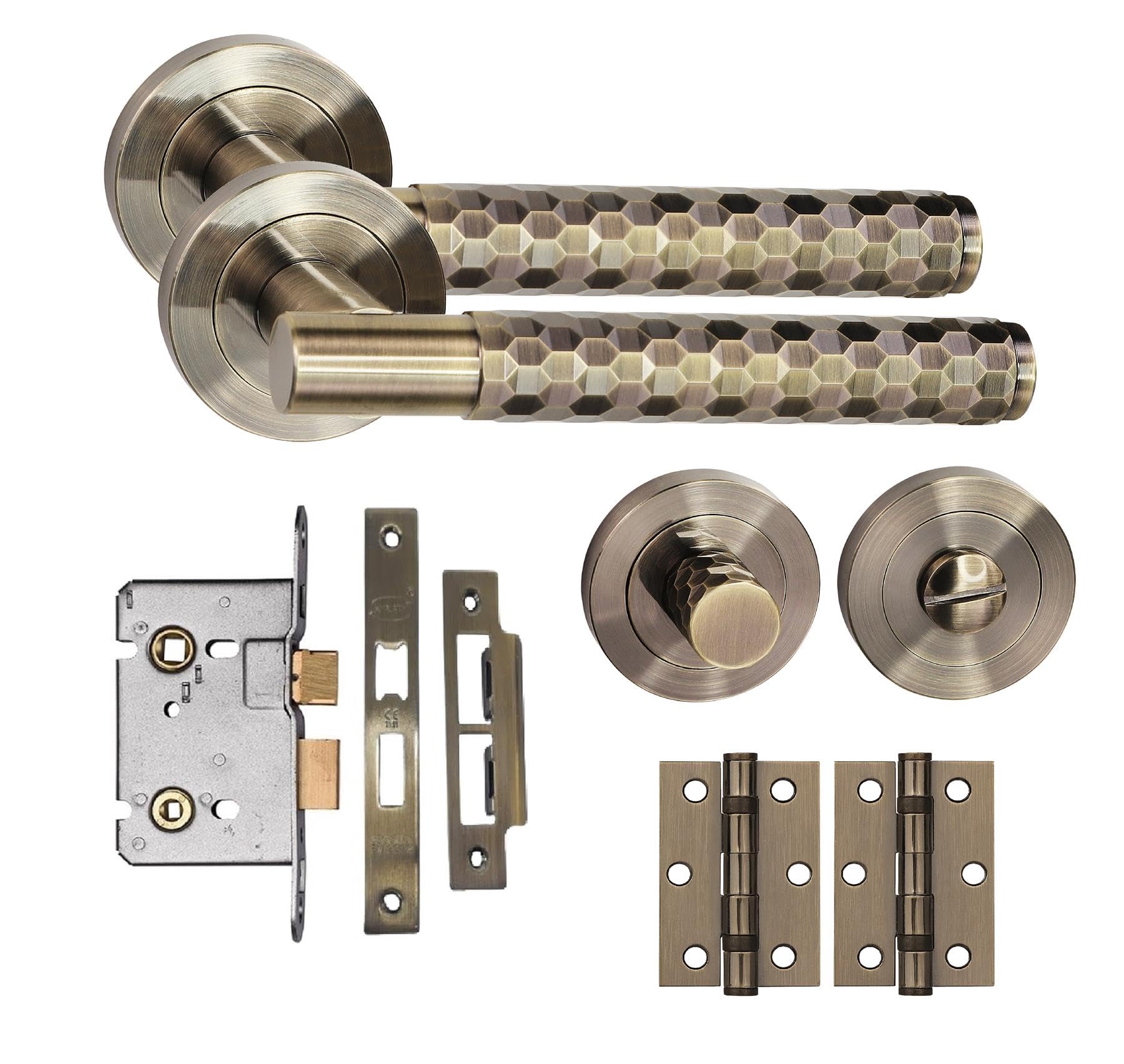 Golden Grace Antique Brass Knurled Hex Cut T-Bar Bathroom Door Handle Set Thumbturn And Mortise Lock Bb Hinges