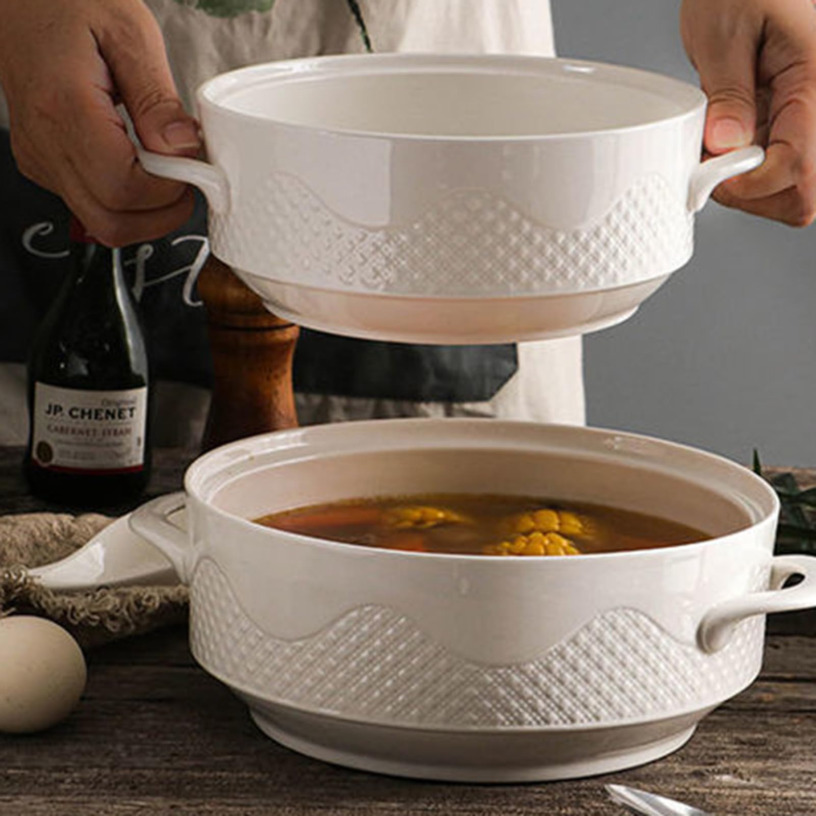 Suppenterrine aus Keramik mit Glasdeckel und Doppelgriffen, ideal zum Servieren von Suppen, Eintöpfen und Müsli