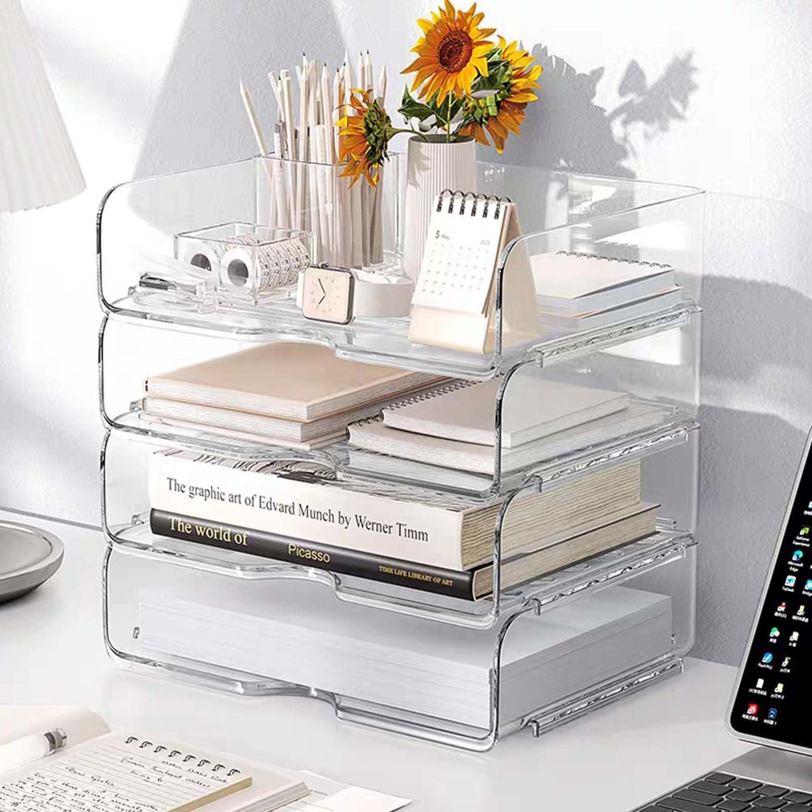 Cassettiera da Ufficio Set Da 4 Vaschette Portadocumenti Trasparenti E Impilabili – Organizer Da Scrivania In PET – Ideale Per Libri, Riviste, Cartelle, Fogli A4, Appunti E Penne(Transparent)