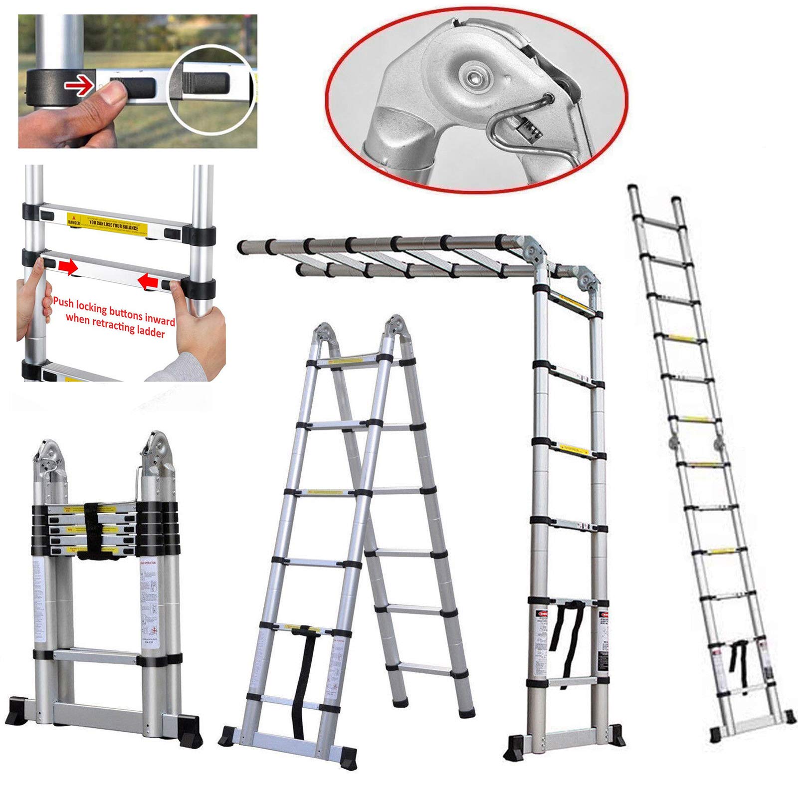 3.8M Teleskopleiter mit Stabilisator, 1.9+1.9M Klappleiter Ausziehbar A Rahmen Leiter, Rutschfester Ausziehleiter 150 kg Belastbarkeit