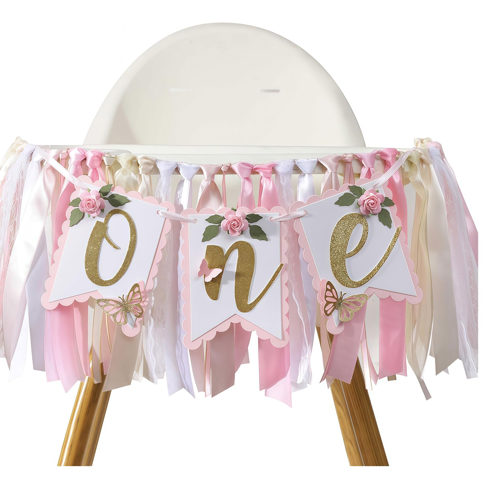 CHarmeFleur Rosa And Gold High Chair Banner Flowers And Butterflies A High Chair Banner 1st Birthday Party Decoration For Girls Pink First Birthday