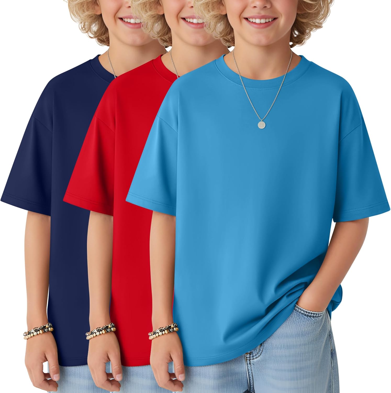 3 Pack Boy's Short Sleeve T-Shirts Kids Oversized Crewneck Top Unisex Basic Loose F...