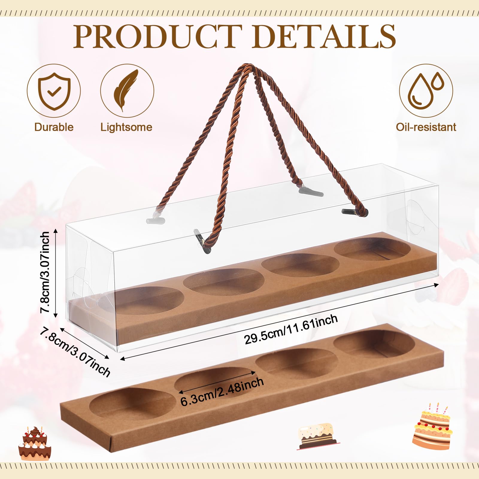 Thenshop Lot de 24 boîtes à cupcakes transparentes avec poignée, 4 boîtes à gâteaux rectangulaires de 30,5 x 7,6 x 7,6 cm pour fête des mères, fête de mariage (marron)