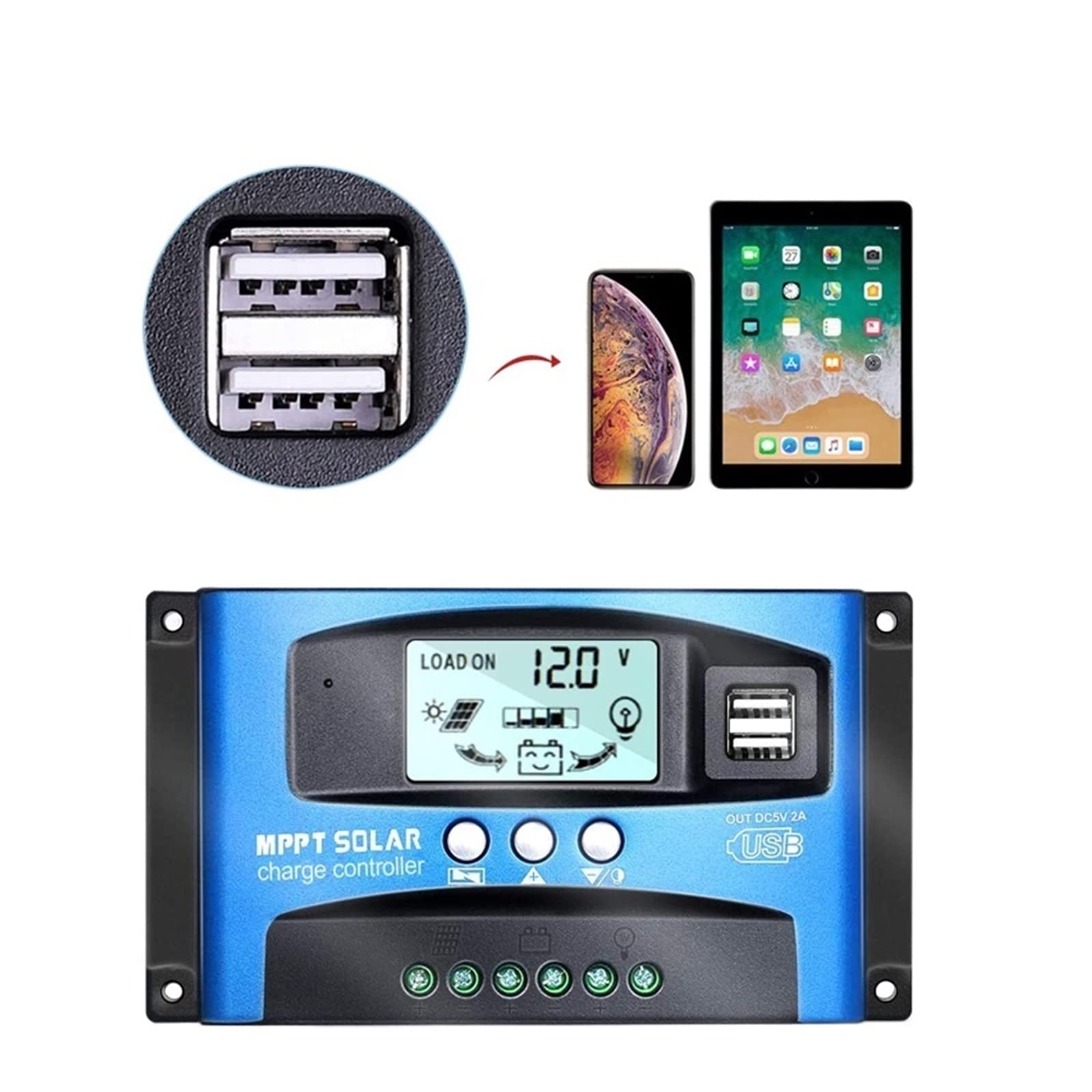 Kontroler ładowania słonecznego, MPPT 30A 40A 50A 60A 100A regulator ładowania słonecznego 12 V/24 V regulator baterii do paneli słonecznych regulator ładowania podwójny USB 5V2A użytku domowego(3)