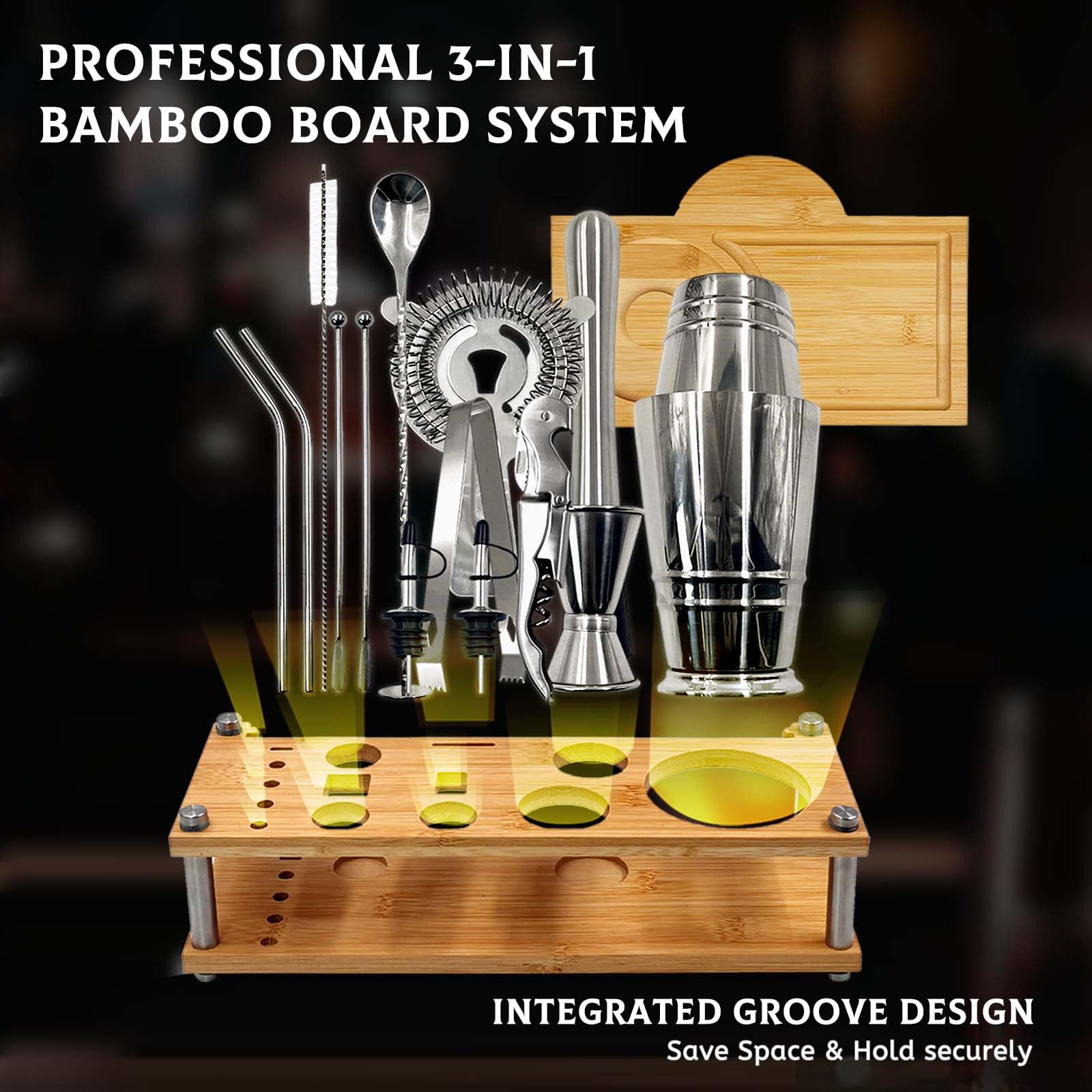 Daily Treasures Kit Professionale per Cocktail con Supporto Bambù - Shaker Boston 825ml, Accessori Bar Completi e Libro Ricette, Regalo per Appassionati di Mixology