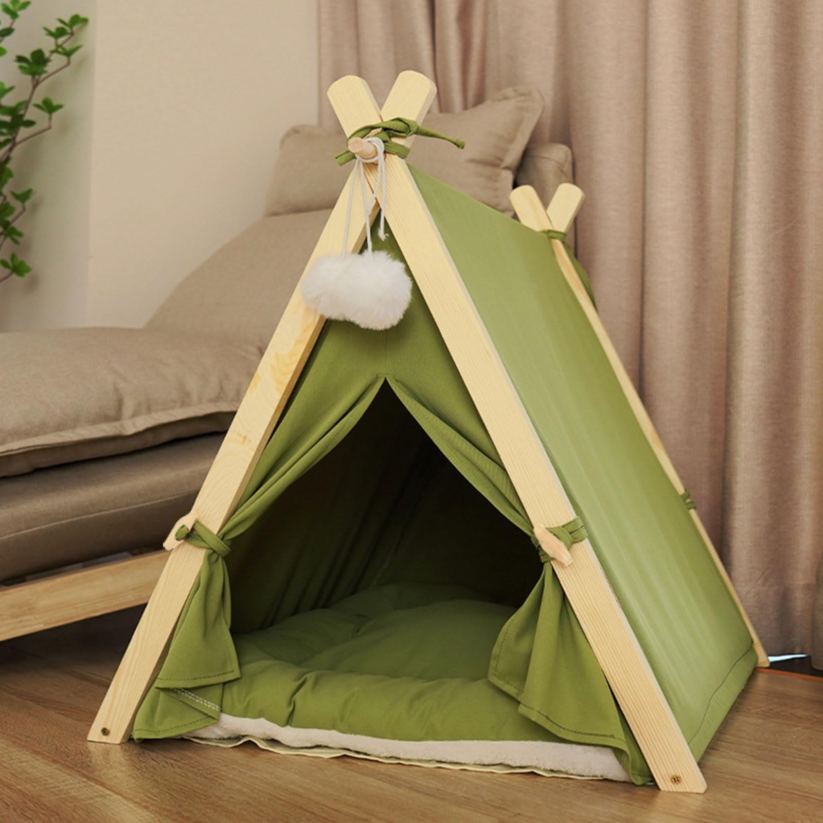Cat Tent & Dog Tent, Wooden Triangular Cat House for Indoor Cats, Summer Pet Bed Tent with Soft Cushion, Removable Door Flap, Cozy Indoor Shelter for Cats & Dogs 60×55×63 CM - Green