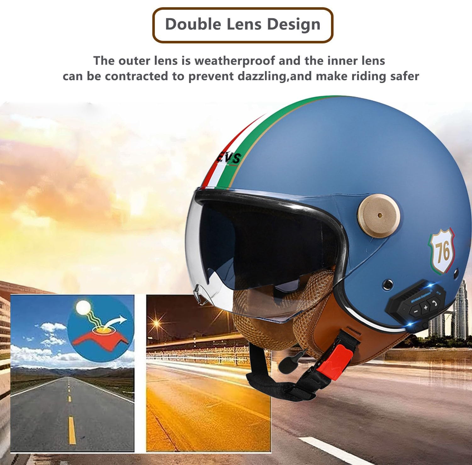 Medio Casco de Motocicleta ECEDOT Certificado Cascos Half-Helmet Bluetooth Cascos Abiertos de Ciclomotor para Hombres Y Mujeres Adultos Casco Jet para Moto Forro Extraíble