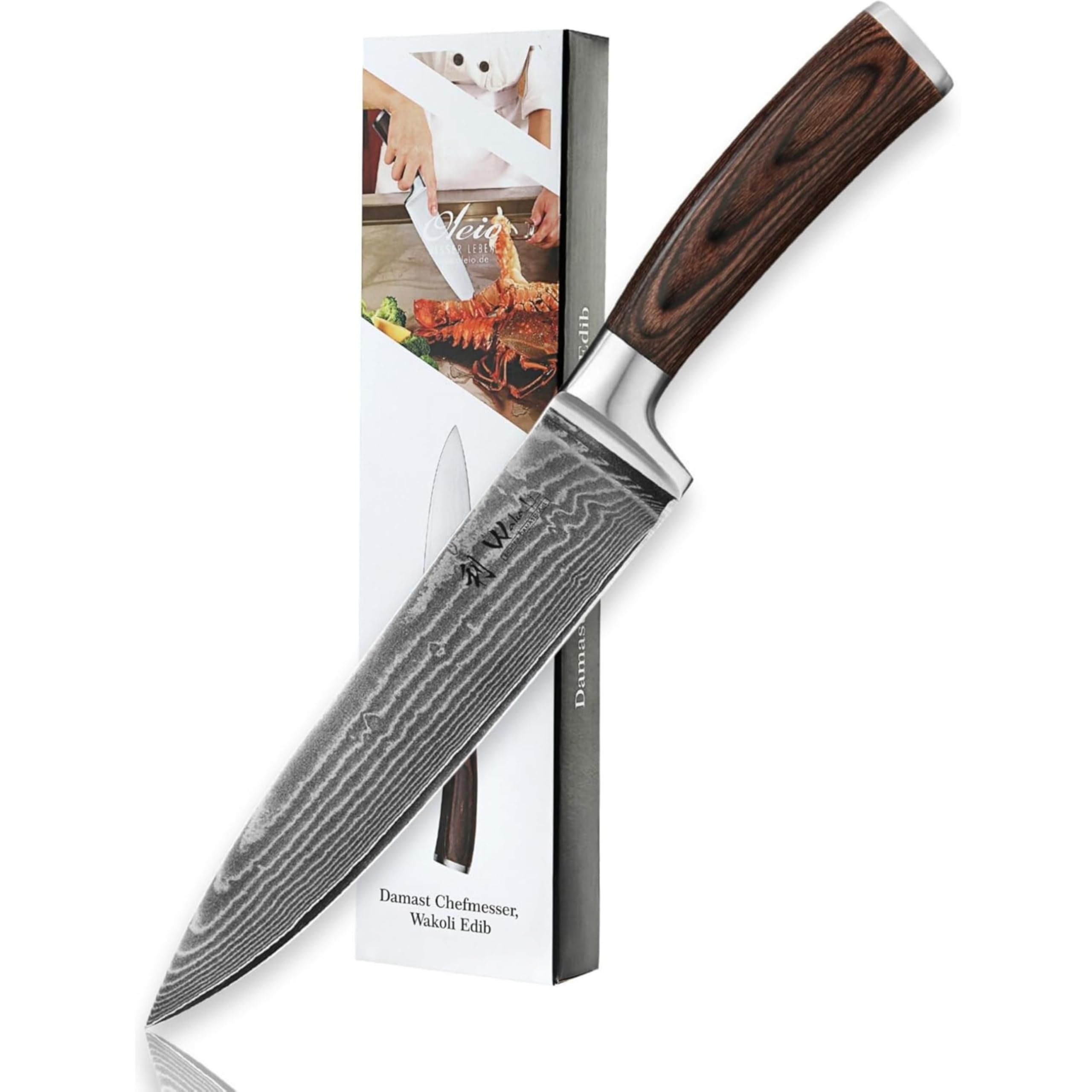 WAKOLI EDIB cuchillo de chef de 20 cm en acero de damasco de 67 capas con núcleo VG10, para carne, pescado, verduras y hierbas, mango de madera Pakka, caja de regalo | para la cocina profesional, con hoja afilada de 67 capas y núcleo VG10, proporcionando