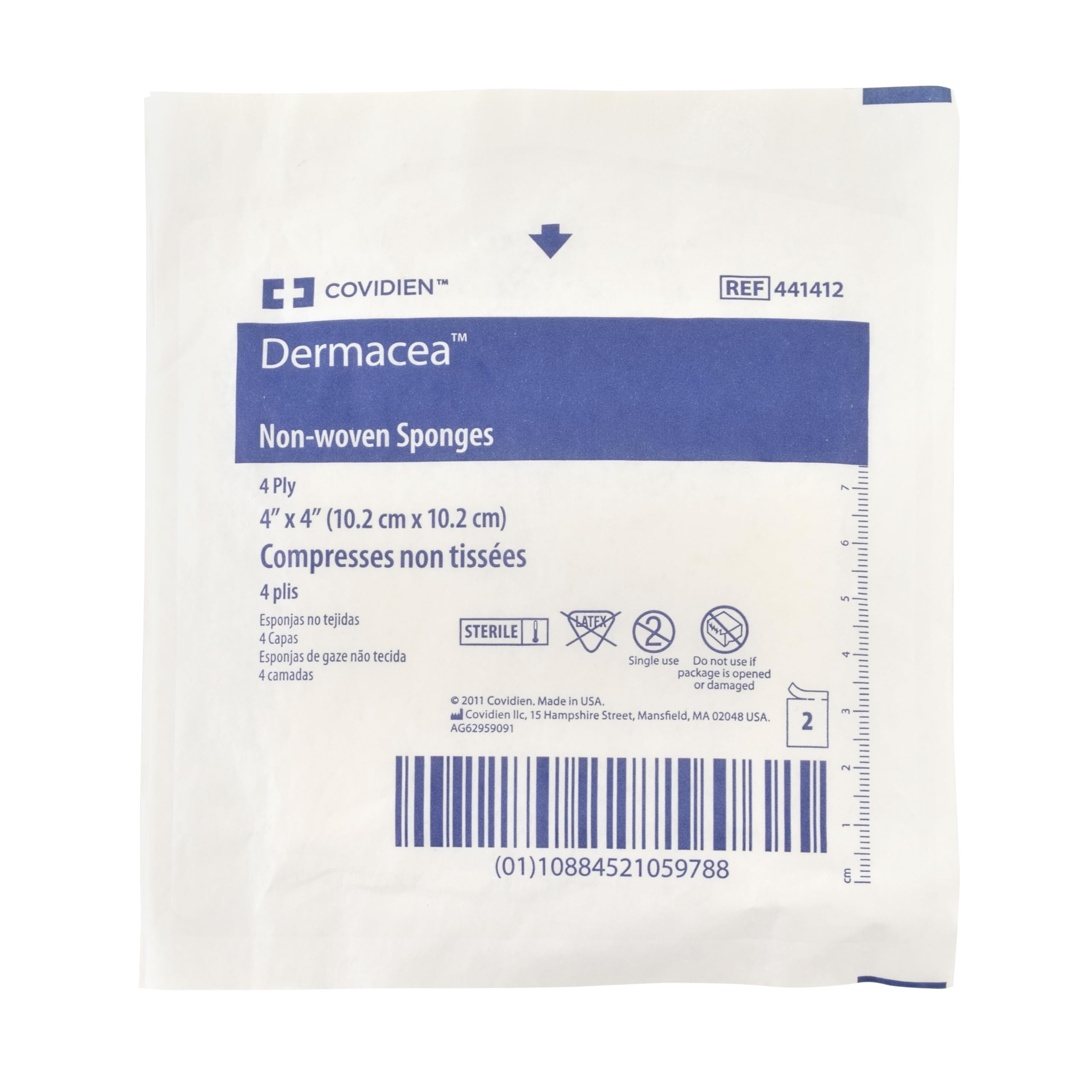 Cardinal Health™ Dermacea™ Esponja de gasa multiusos no tejida estándar, estéril, 4 x 4 pulgadas, 4 capas, 441412, caja de 1200