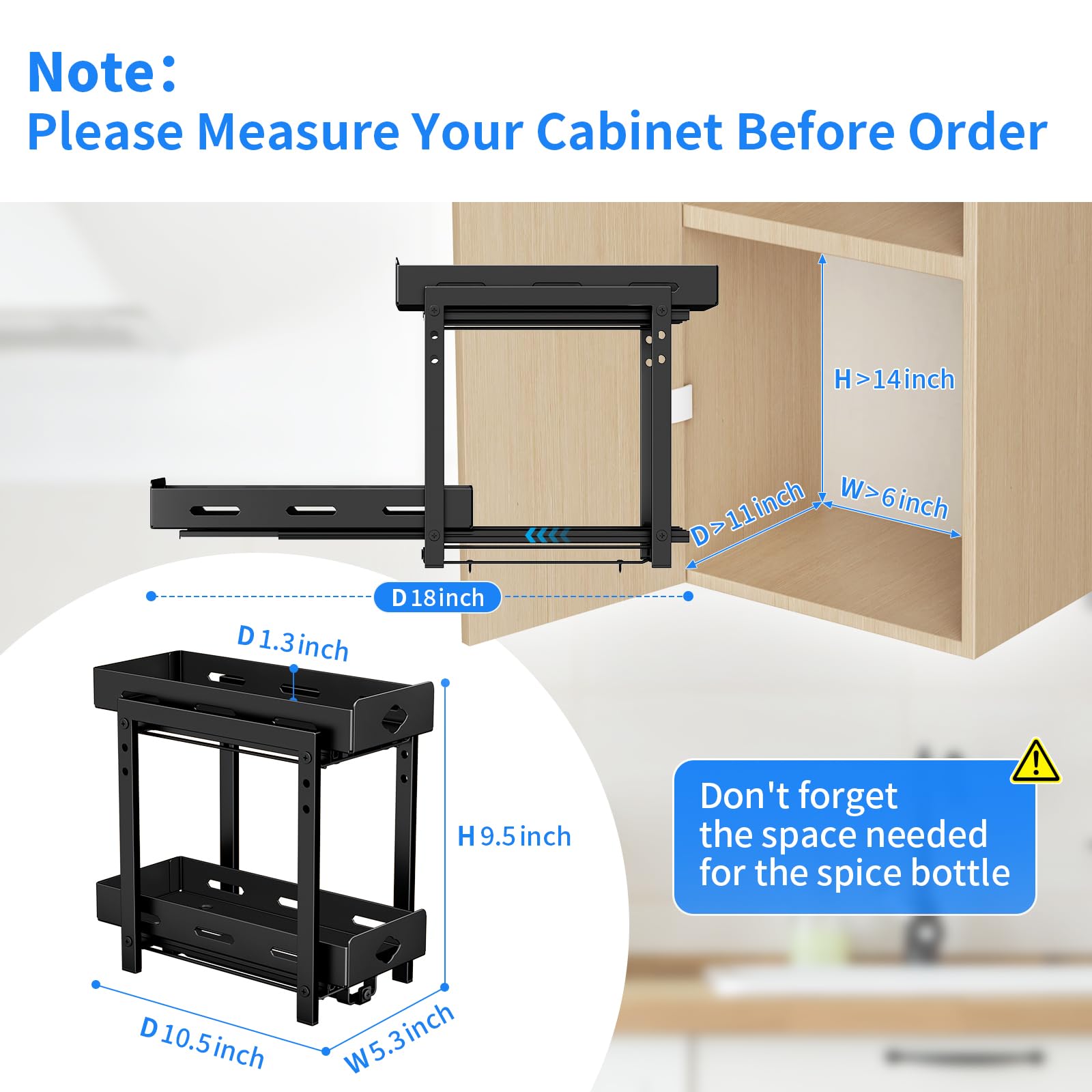 BOIVSHI Ausziehbares Gewürzregal für Schrank, 2-stöckiges Gewürzregal, höhenverstellbar, vertikales Gewürzregal für Küchenschrank, 13 cm B x 27 cm T x 23 cm H, Metall schwarz
