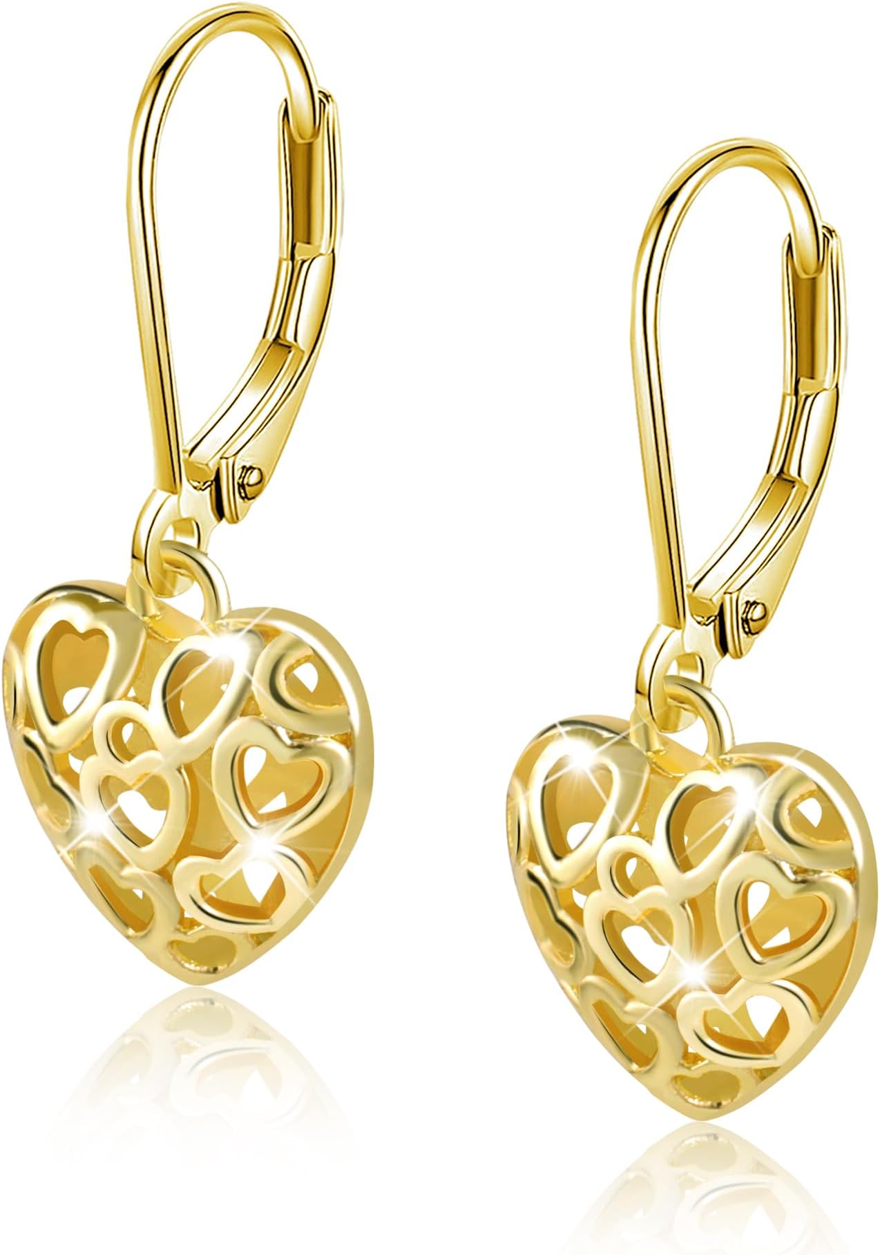 925 Sterling Silver 14K Gold French Style Leverback Earrings, Heart Dangle Drop Earrings for Women Hypoallergenic Jewelry