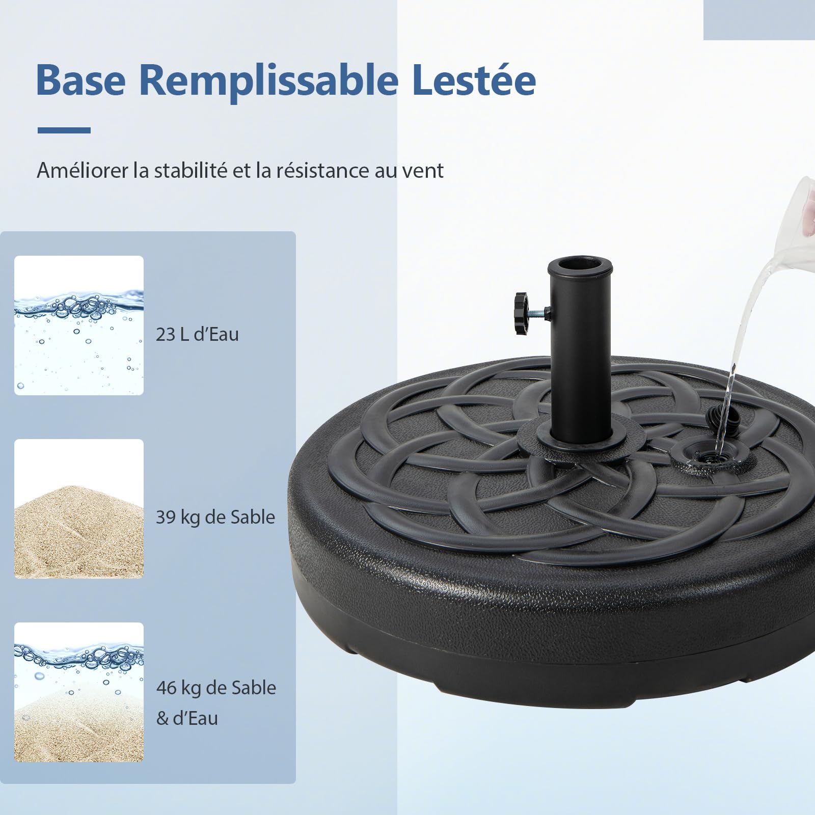 RELAX4LIFE Base de Parasol Déporté à Remplir d'eau et Sable 18KG (46KG)