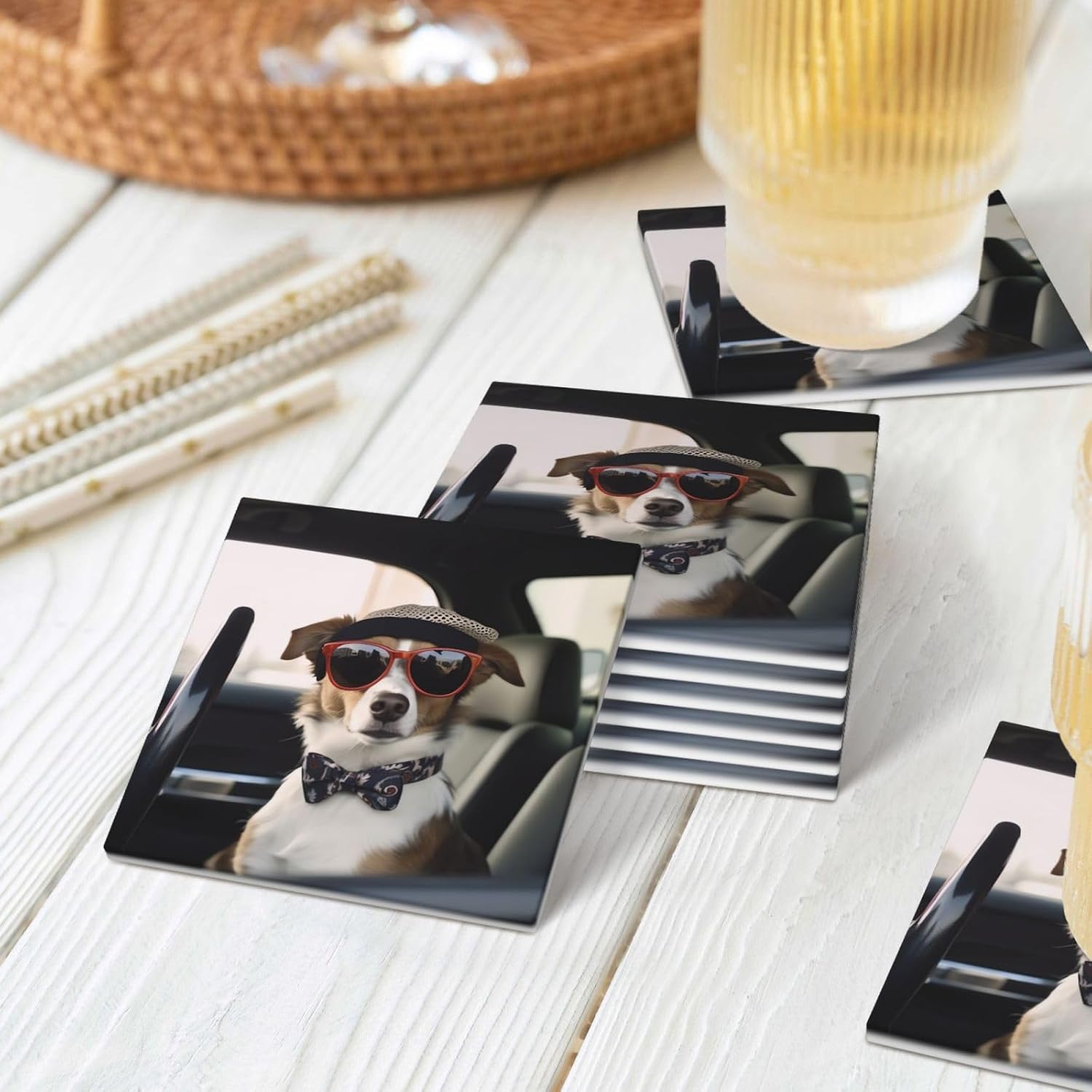 ドリンクコースター6個セット セラミックコースター ホルダー付き 犬 サングラス ラウンドコースター ドリンク用 卓上保護 カップマ