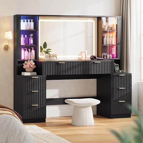 HAUOMS Big Vanity, escritorio de maquillaje de madera acanalada de 59.1 pulgadas con espejo y luces LED de sincronización de sonido, mesa de tocador