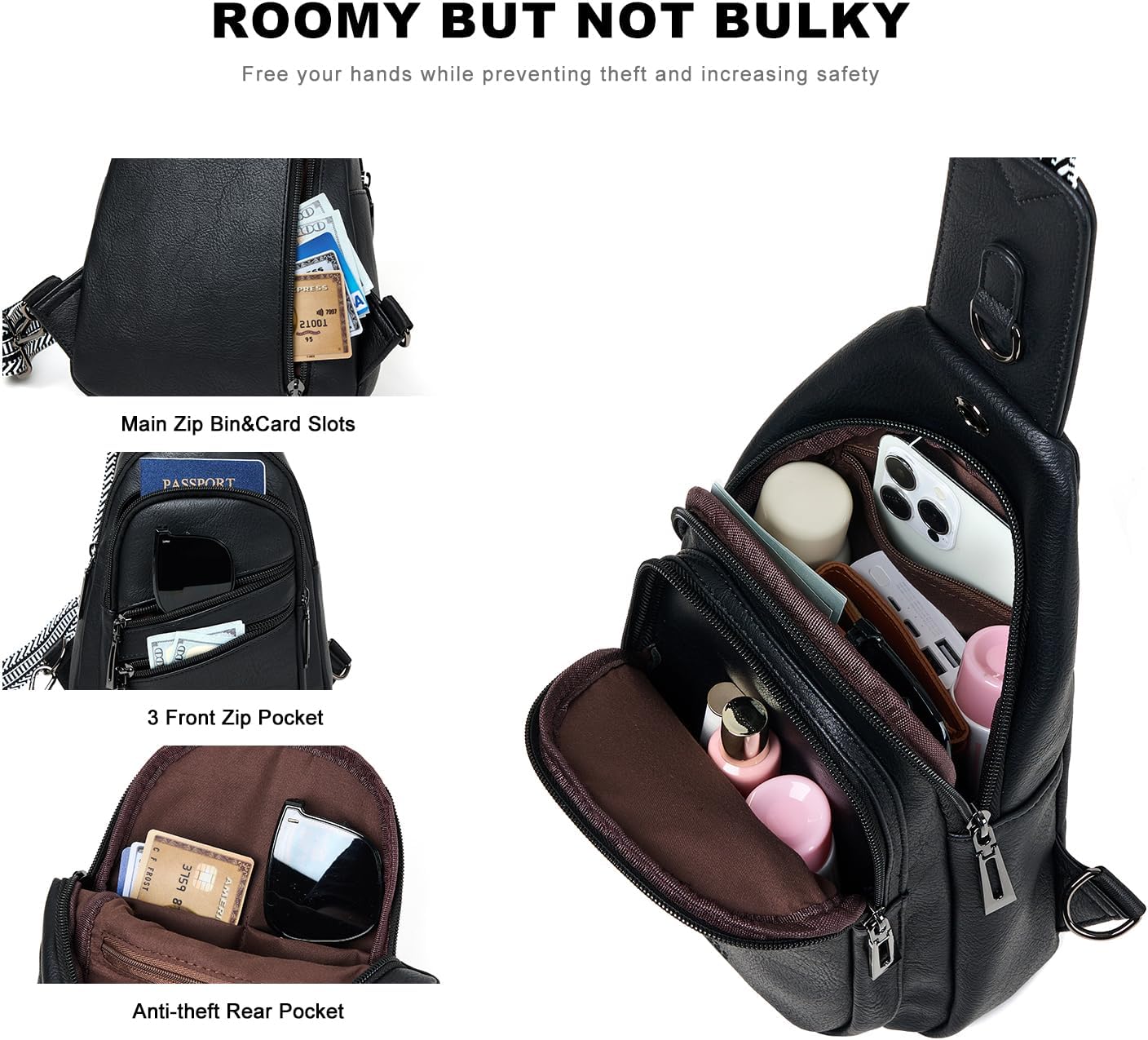 7L Crossboydy Sling Bag for Women Vegan Leather Crossbody Purse Fanny Pack Chest Bag for Travel,Black - Image 5