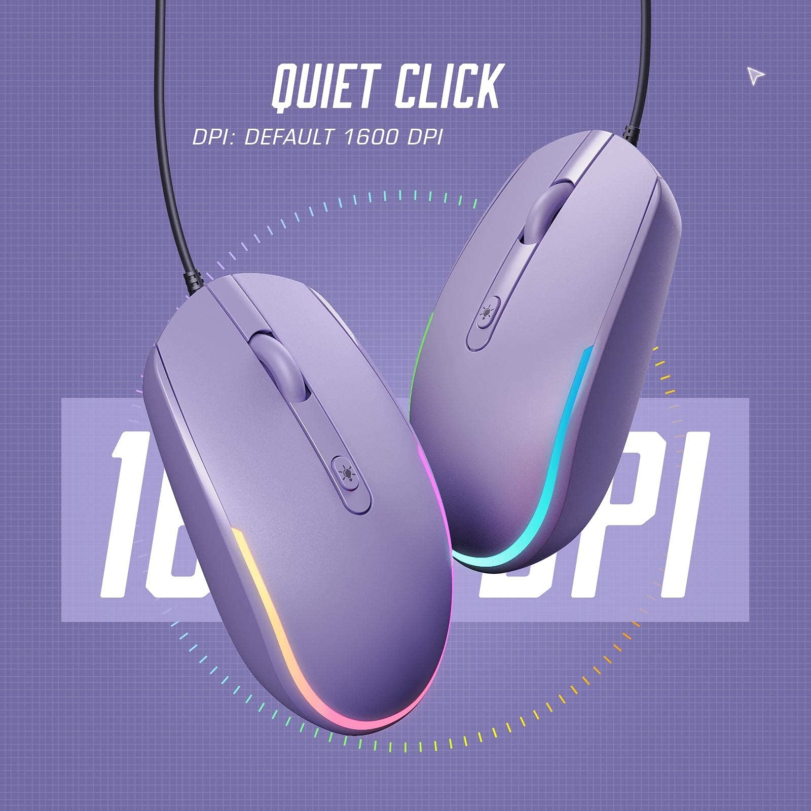 seenda Ratón USB con cable RGB retroiluminado ratón óptico de computadora con cable para ordenadores portátiles Chromebook - morado