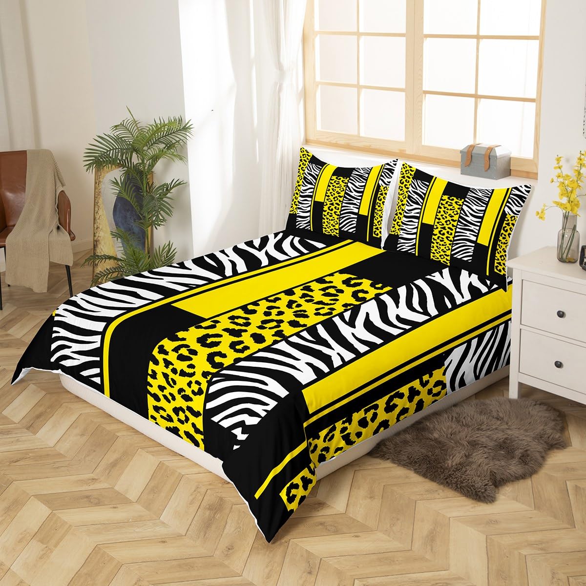 richhome Yellow Black White Leopard Bedding Set for Girls Boys Kids Single Size Cheetah Comforter Cover Set Room Decorative Animal Duvet Cover Safari Zebra Bedspread Cover 2Pcs Bedclothes - Image 3