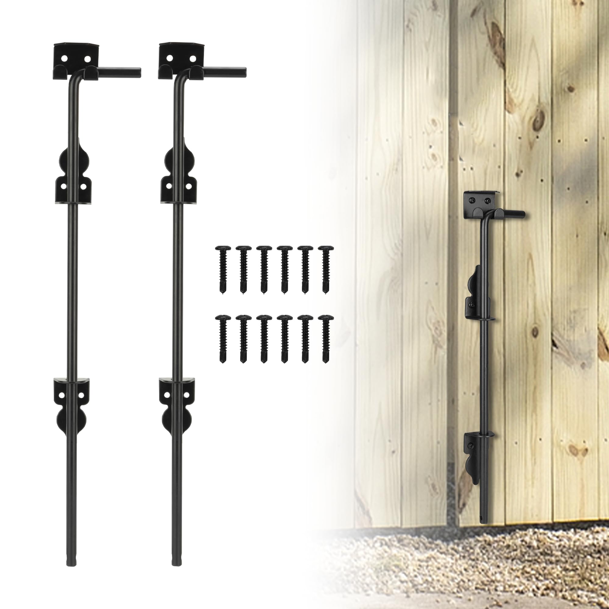 18" Heavy Duty Cane Bolt, Double Gate Latch with Black Finish, 2 Way Gate Drop Rod for Wood PVC Vinyl Metal Fences Gates Double Doors-2 Pack