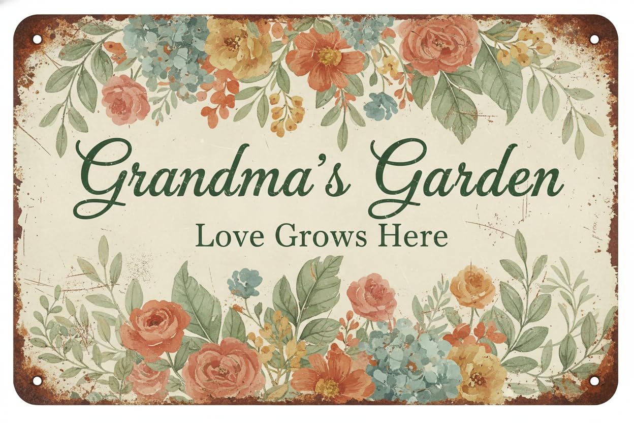 Grandma's Garden Love Grows Here Tin Sign, 8x12 Inch