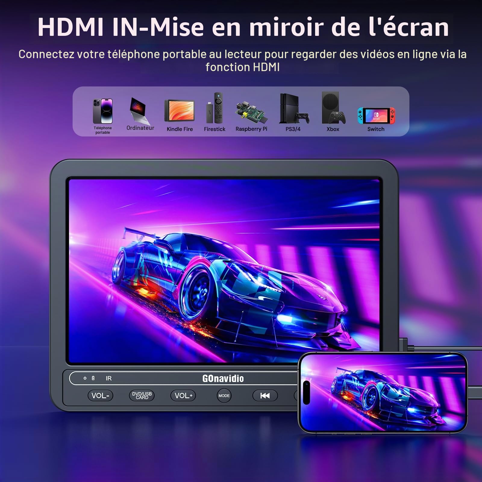 GOnavidio Lecteur DVD Portable 10,5 Pouces avec HDMI Input, 2 écrans avec 5 Heures de Batterie Rechargeable,Lecteur DVD Voiture, ecran de Voiture pour Enfant, Support USB/SD (1)