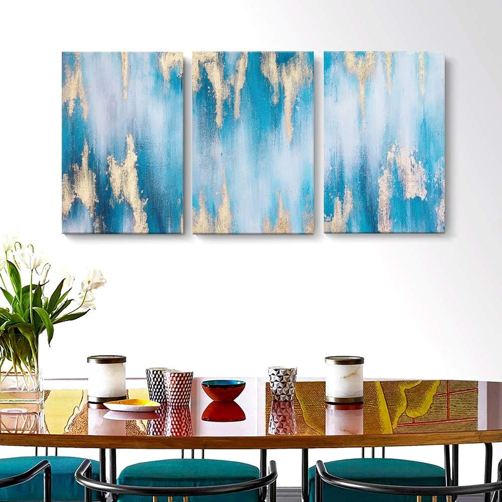 SDYA Hand Painted Large Blue Abstract Gold-Lined Oil Picture Wall Art Painting Canvas Art 16x24x3 Framed and Stretched 3 Panels