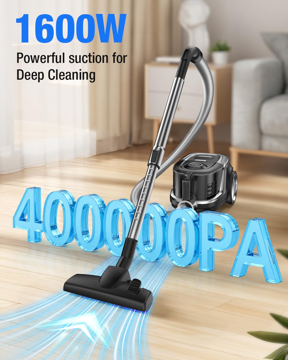 Zefiro Max 1600W Bagless Canister Vacuum Cleaner, 40kPa Powerful Suction, Lightweight, Auto Cord Rewind, HEPA Filter, Corded Vacuum for Floors, Carpets, Pet Hair in Homes & Apartments, Larger Capacity - 2