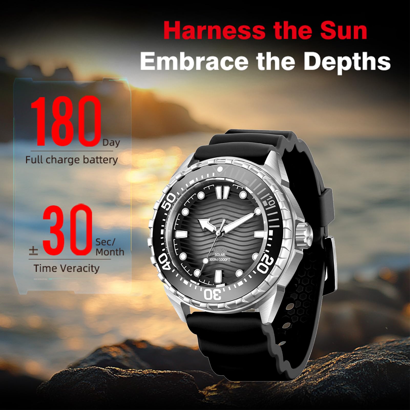 Orologio Subacqueo Al Quarzo Ad Energia Solare, Cinturino in Silicone Luminoso Impermeabile 300M in Acciaio Inossidabile, con Luce Notturna per Uomo Donna Nuoto Subacqueo
