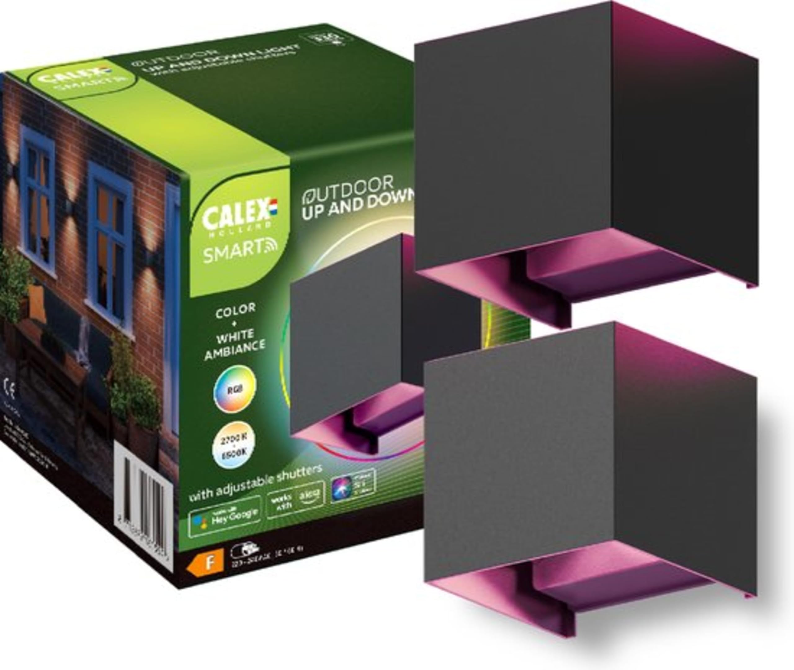 CALEX Applique LED Smart Outdoor, Up & Down, colori RGB & luce da fredda a calda, Dimmerabile, modulo LED integrato, impermeabile, controllo app & vocale, Nero, Confezione da 2
