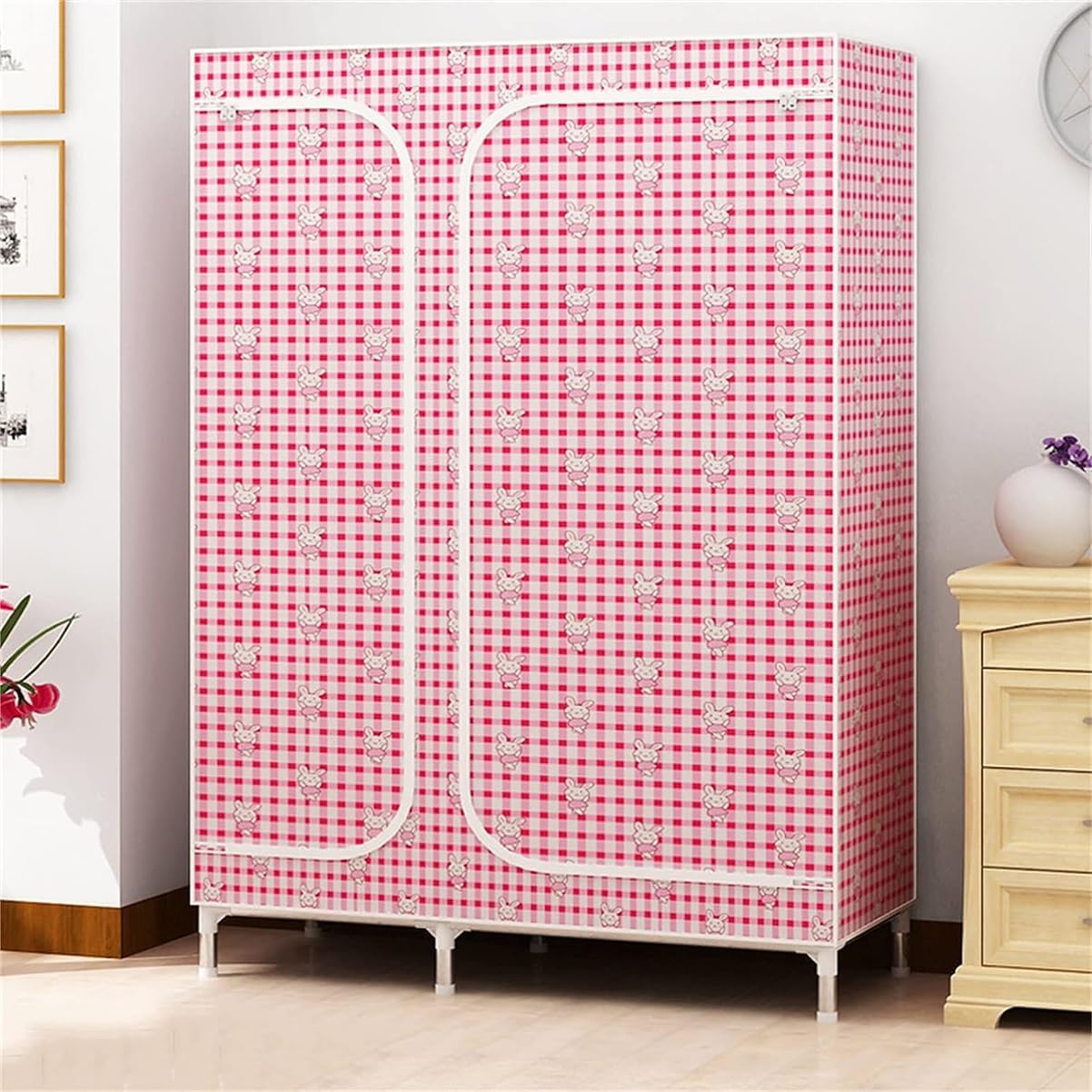 Metal Closet Wardrobe 66.14 Inch Portable Closet for Bedroom 2 Clothes Hanging Rails with Fabric Cover Clothes Storage Organizer (Color : Green, Size : 108x45x168cm)