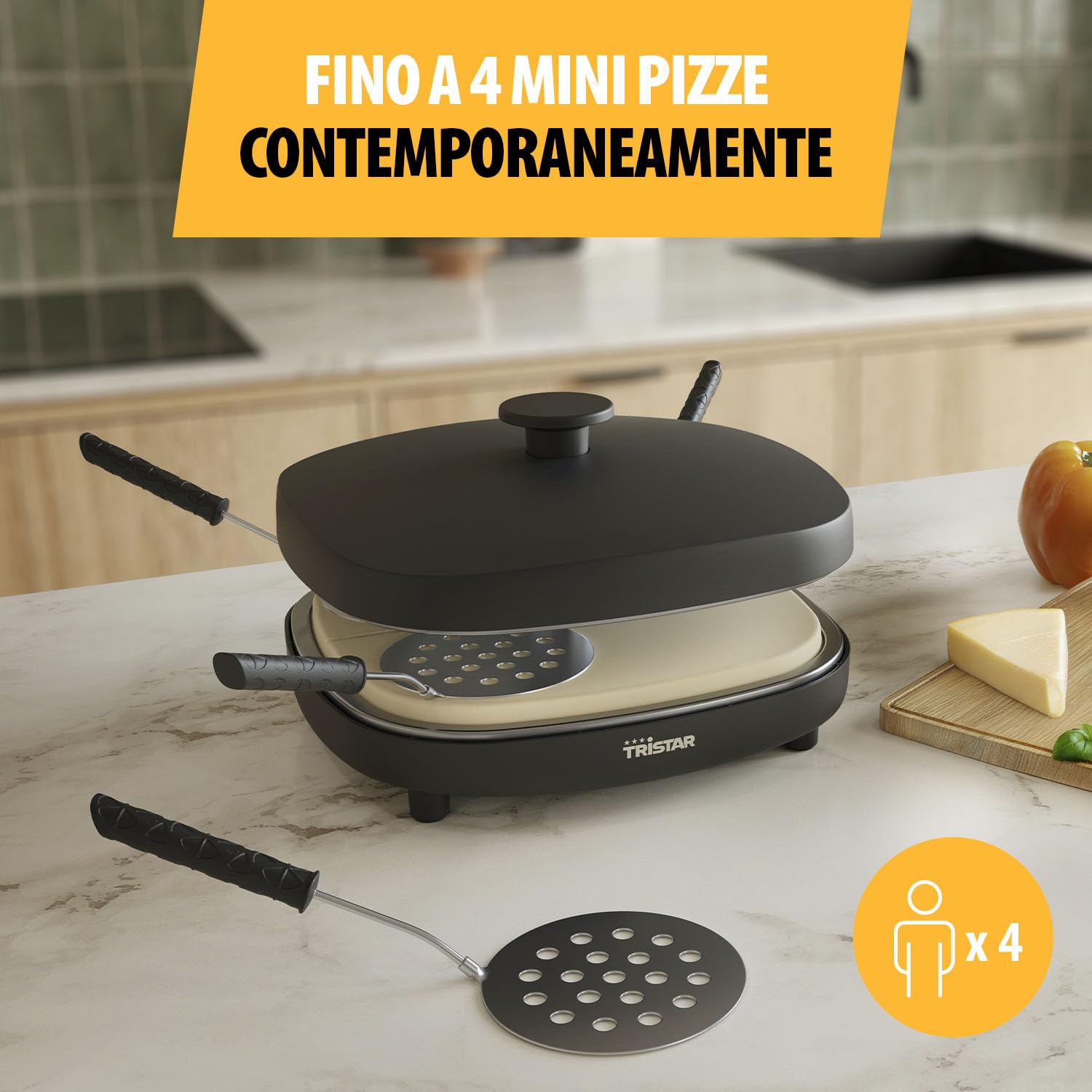 Tristar Pizza Family 4 Pizza Maker, 25x25 cm, 900 W, Per 4 Persone, Rivestimento Ceramico Senza PFAS, Piastre Rimovibili, 4 Palette e Tagliapasta, PZ-9174