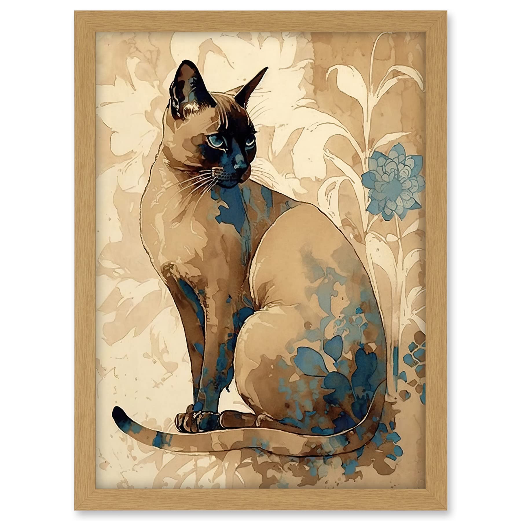 Artery8 Tonkinese Cat with Blue Flower Modern Watercolour Illustration Artwork Framed A3 Wall Art Print