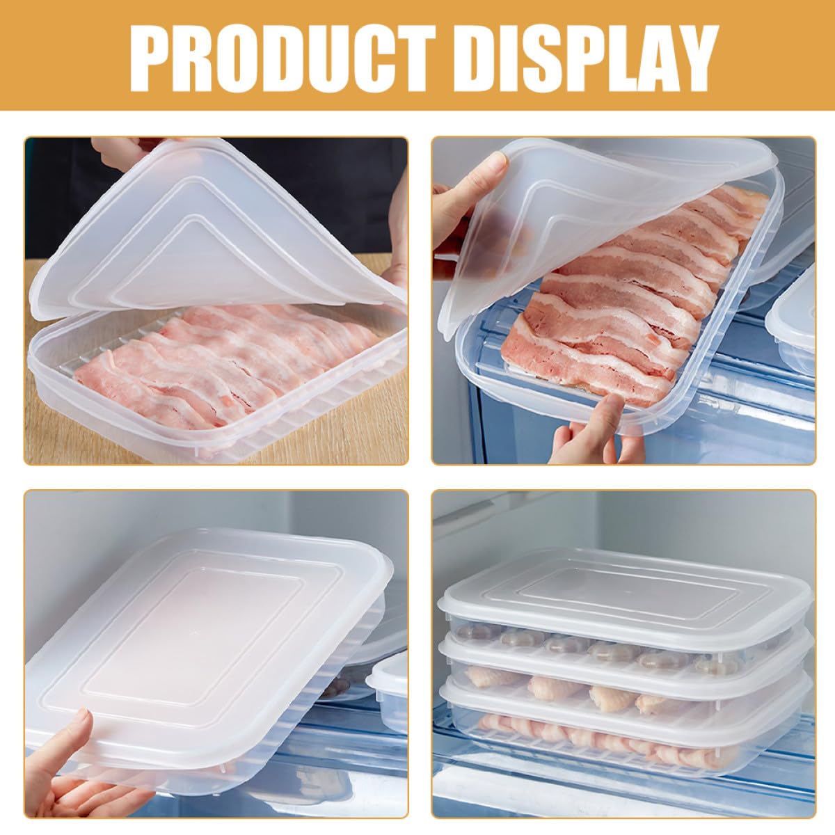 BETOOKY Lot de 4 Boîtes Hermétiques Couvercles Souples, Récipients Alimentaires en Plastique Réutilisable, Empilables, pour Conservation Réfrigérateur de Bacon, Poisson, Fruits de Mer