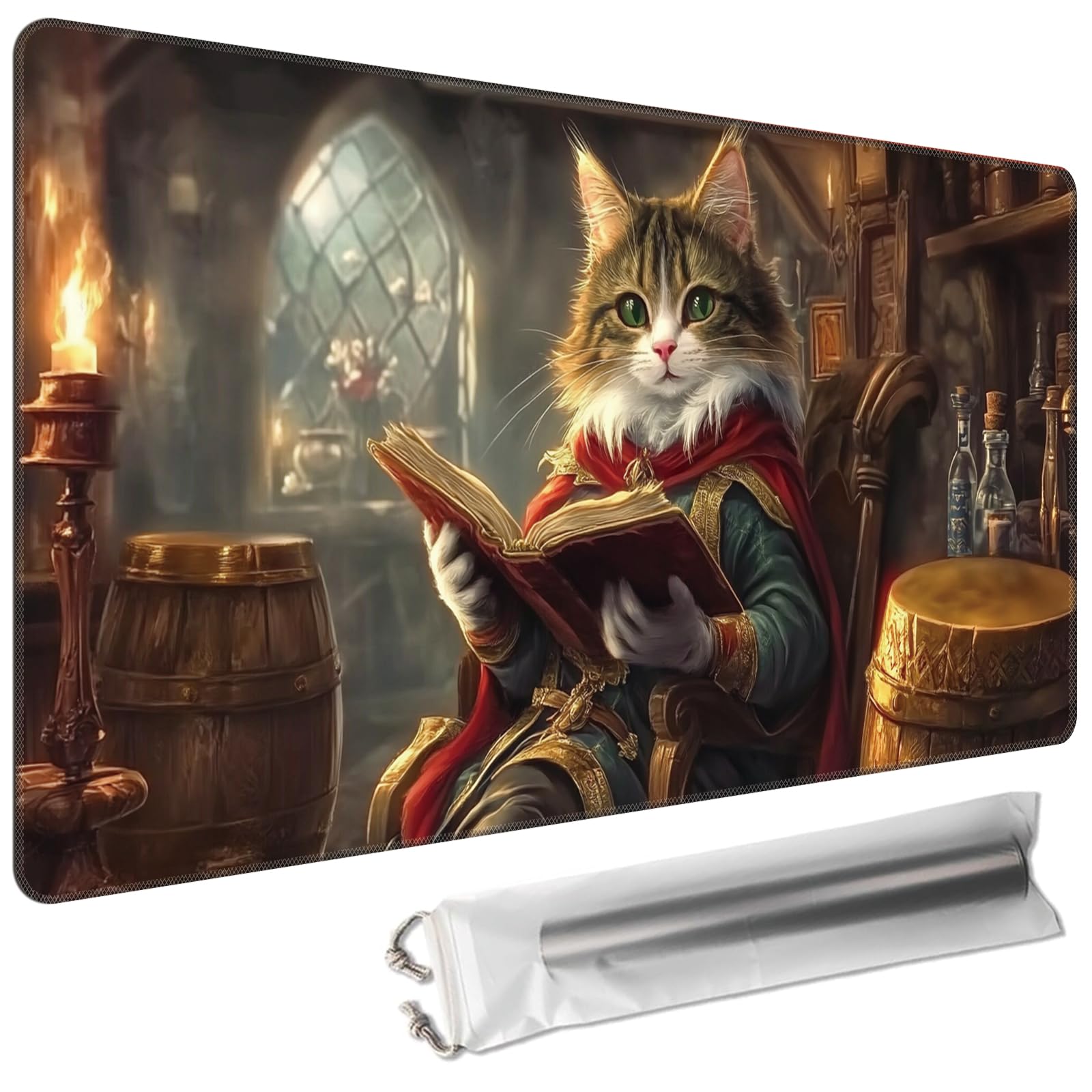Cdkfxjy MTG Playmat 24 x 14in Includes Storage Bag,TCG Playmat with Soft Surface Premium Non-Slip Rubber Backing Stitched Edges Durable Gaming Mat,Wizard Cat Reading Book — image 1