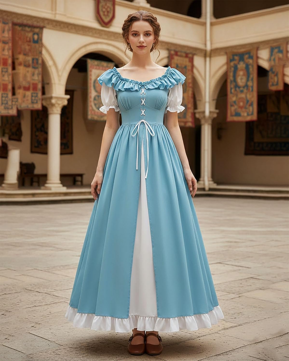 LTAKK Renaissance Dress Women Medieval Costume Lace Up Puff Sleeves Maxi Ren Faire Dresses