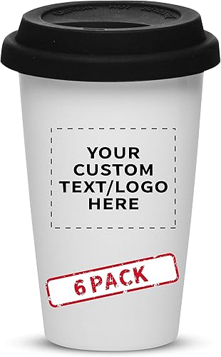 Vasos de cerámica de doble pared personalizados de 11 onzas con tapa, paquete de 6, texto personalizado, logotipo, color negro
