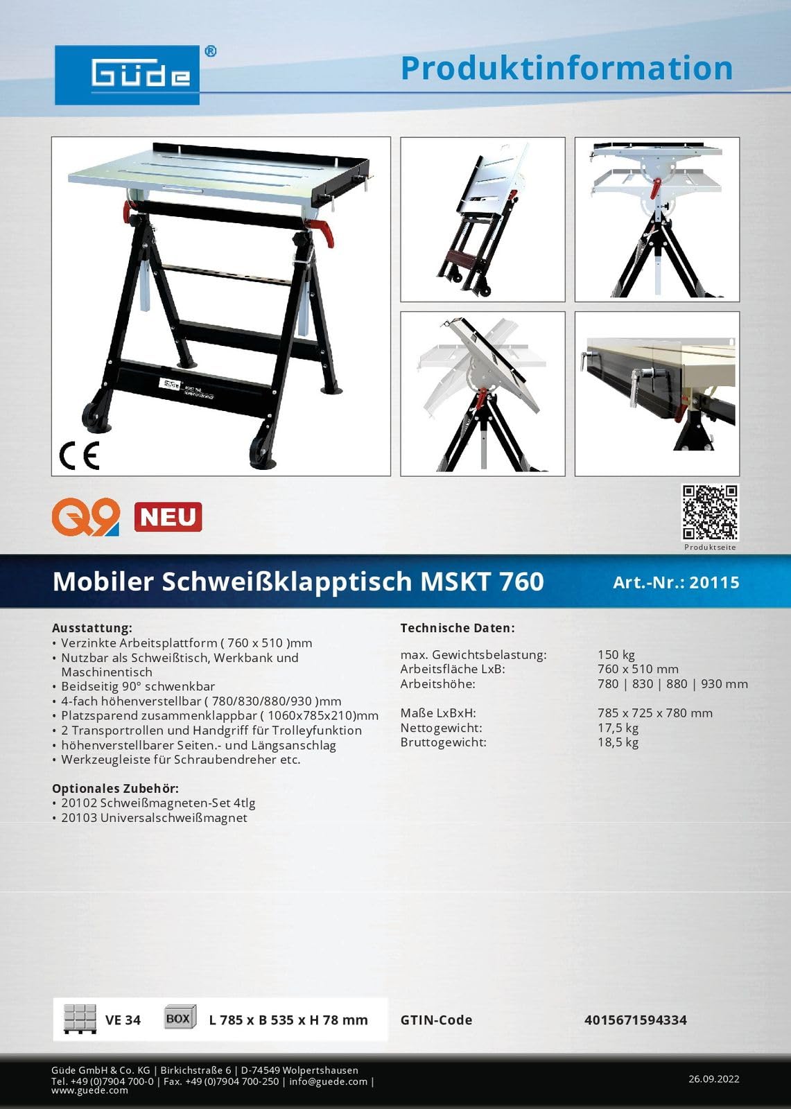Güde MSKT 760 Mesa Plegable para Soldar Plataforma de Trabajo Galvanizada 76 x 51 cm 150 kg Altura Regulable 4 Posiciones Ruedas