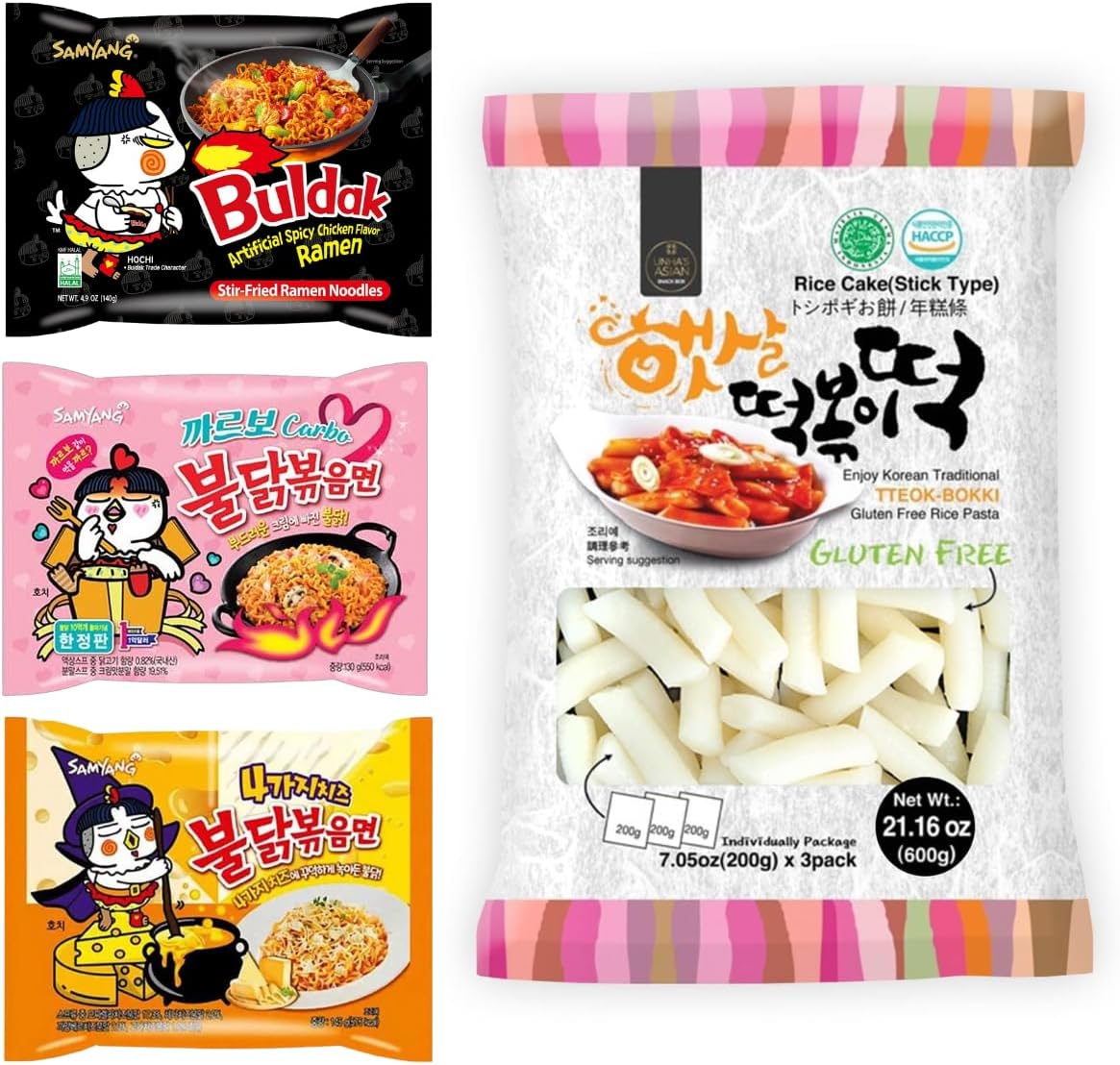Hot Chicken Buldak Ramen 3 Flavor with Korean Rice Cake Tteokbokki Stick - Rapokki Stir Fried Ramen Noodle with Tteokbokki Carbonara, Cheese, Original Spicy