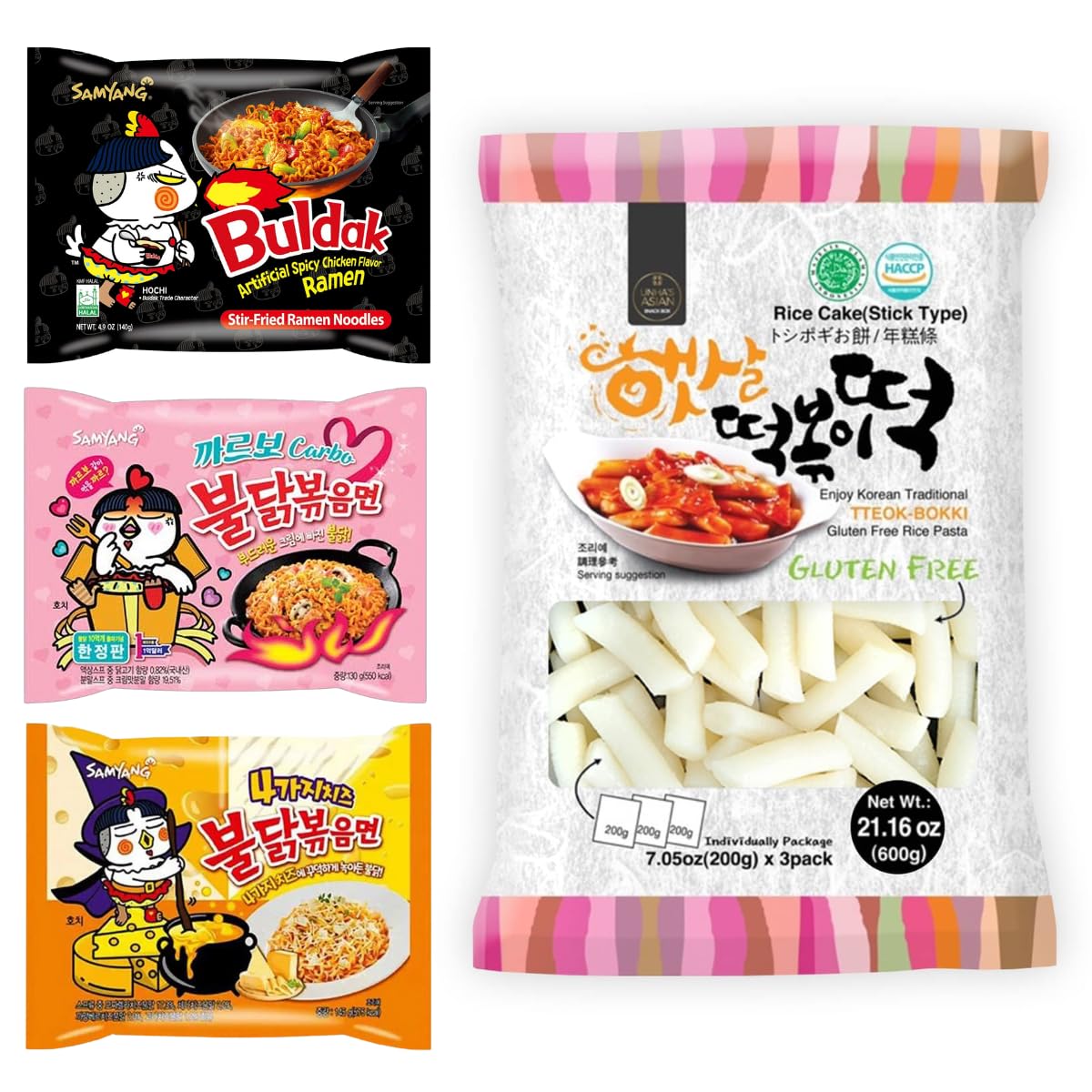 Hot Chicken Buldak Ramen 3 Flavor with Korean Rice Cake Tteokbokki Stick - Rapokki Stir Fried Ramen Noodle with Tteokbokki Carbonara, Cheese, Original Spicy