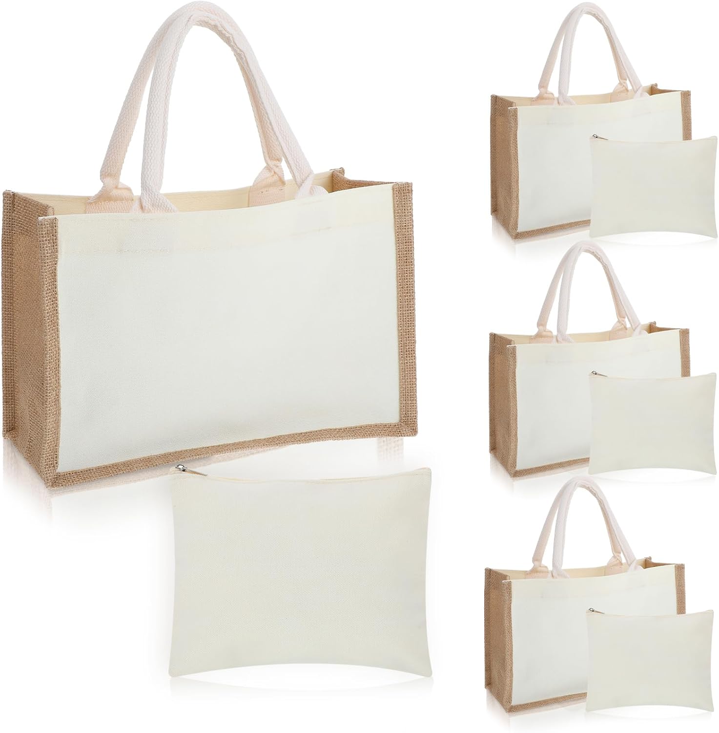 4 Sets Natural Burlap Tote Bags with Handles & Canvas Makeup Pouch, Reusable Jute Tote Bag for Wedding, Beach, Shopping, DIY Craft Blank Burlap Gift Bags with Handles