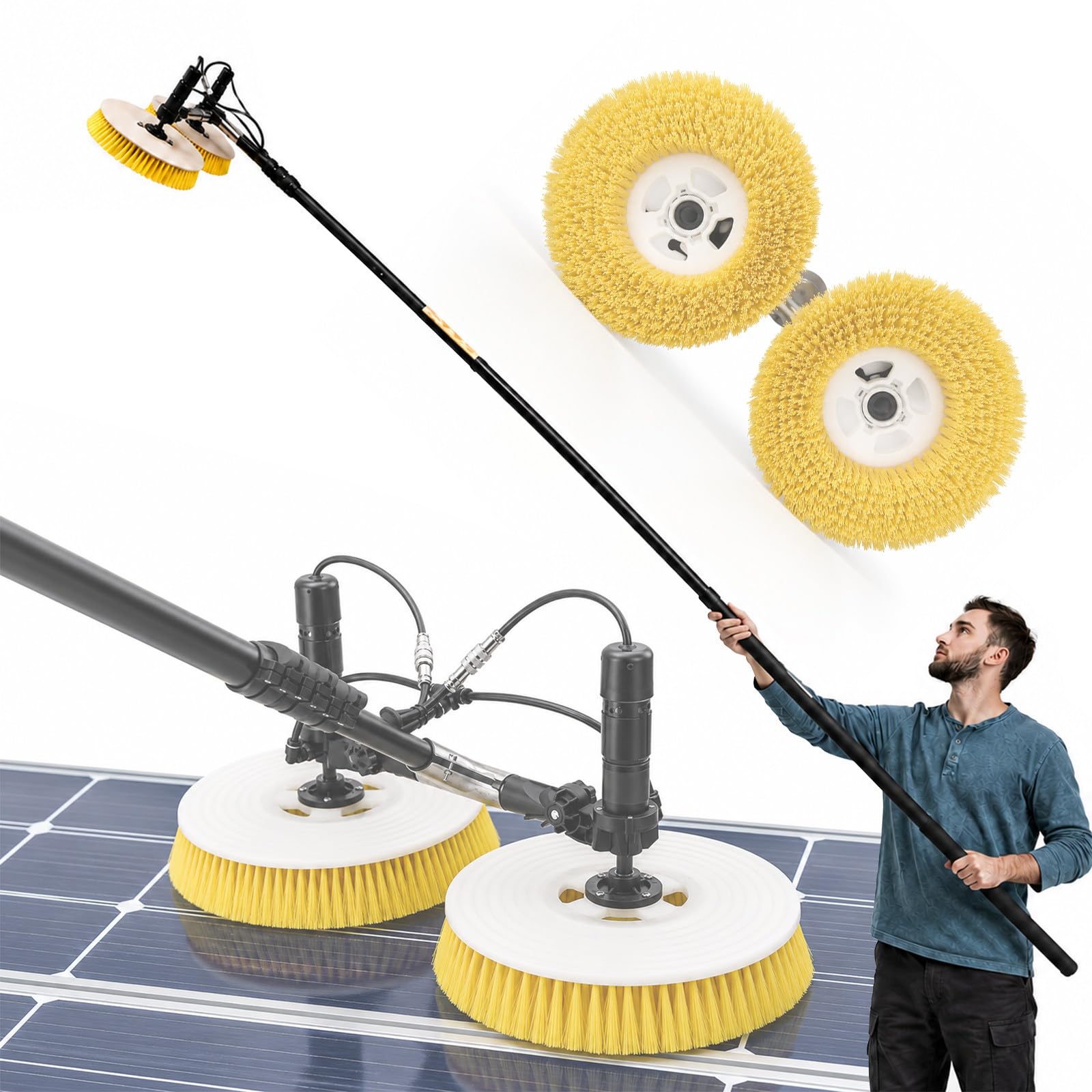 SENJINGHUA Electric Solar Panel Cleaning Machine with 65cm Dual Rotating Disc, Telescopic Water Fed Pole, for PV Farms, Residential & Commercial 3.5m