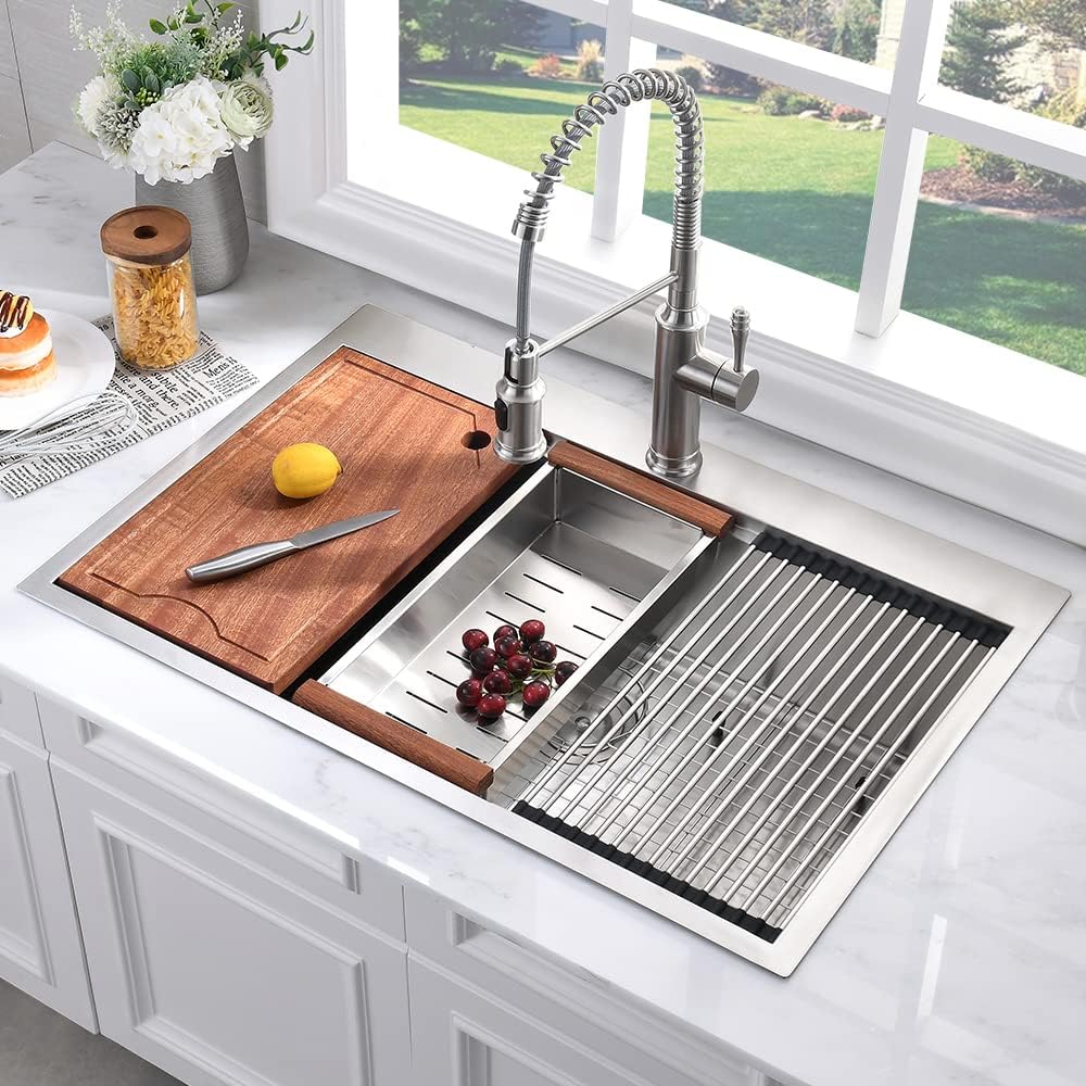 Amаzіng 🔥 33 Drop In Kitchen Sink Stainless Steel -SOMRXO 33x22 Inch Stainless Steel Kitchen Sink 16 Gauge Workstation Ledge 10 Inch Deep Topmount Kitchen Sink Single Bowl Kitchen Sink With Accessories