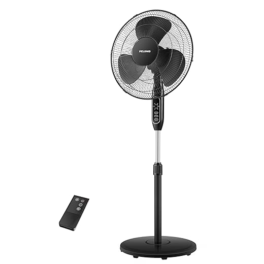 PELONIS 16'' Pedestal Fan for Bedoom with Remote, Upgraded, Standing Fan with 7-Hour Timer, 90° Oscillation, 3-Speeds, Adjustable Height, Electric Cooling Fans for Living Room and Office