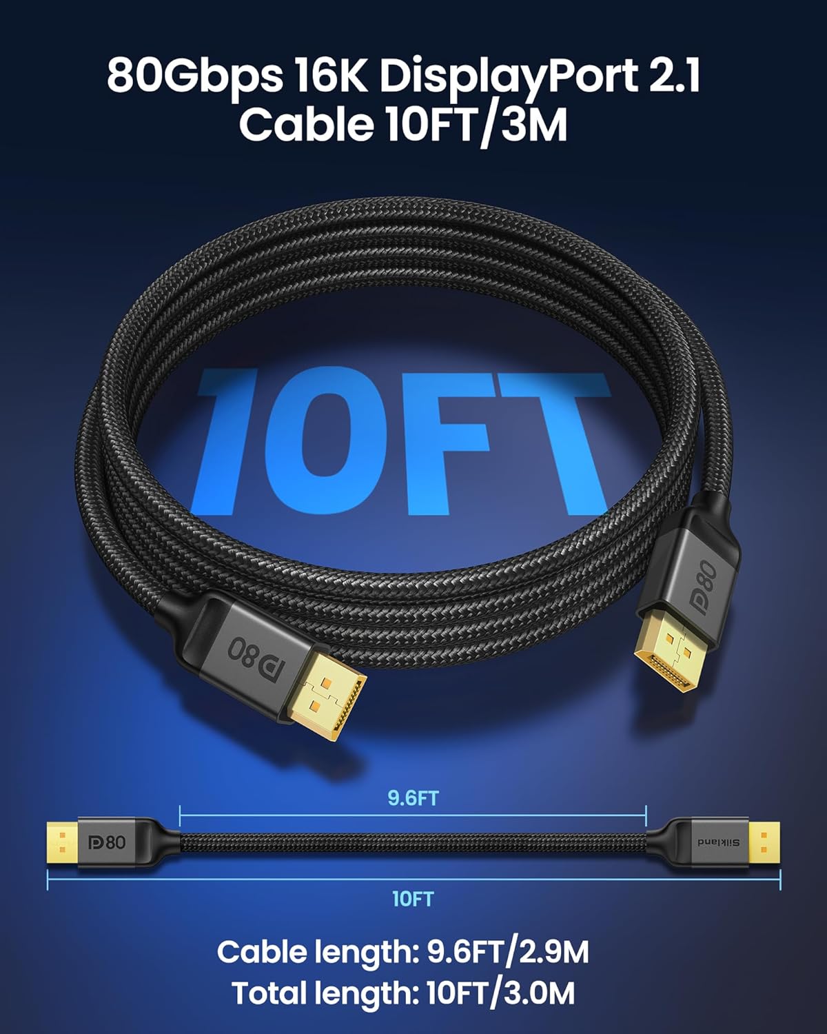 Silkland 80Gbps DisplayPort Cable 2.1 10FT/3M, [16K@60Hz, 8K@240Hz, 4K@540Hz 360Hz 240Hz] DP 2.1 Cable 16K, DP80 HDR DSC Display Port Cord Compatible FreeSync G-Sync Gaming Monitor 5090 7900XTX - Image 5