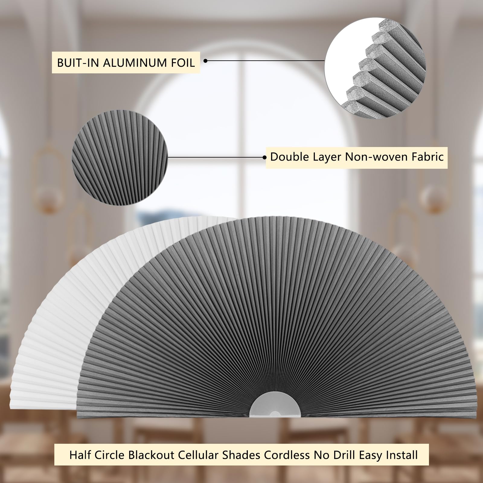 Arche occultant pour fenêtre, stores cellulaires à coller sans fil, sans perçage, en tissu de protection UV, isolation thermique, revêtement de fenêtre en demi-cercle, stores occultants pour chambre