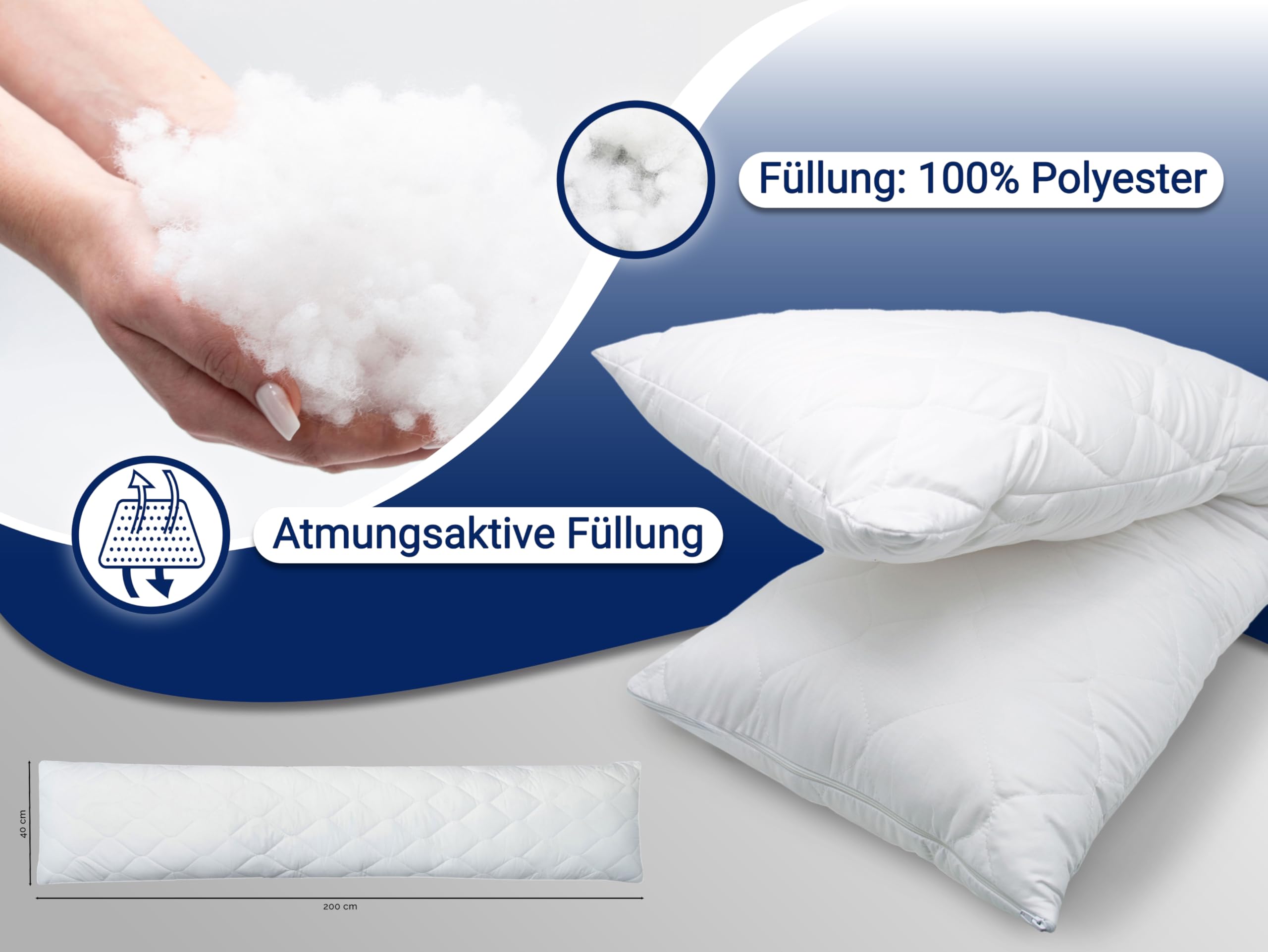 ZOLLNER Seitenschläferkissen in 40x200 cm - Entlastung für Rücken, Hüfte, Beine und Bauch - als Stillkissen geeignet - waschbar bis 95°C - mit Reißverschluss - Oeko Tex® Zertifiziert