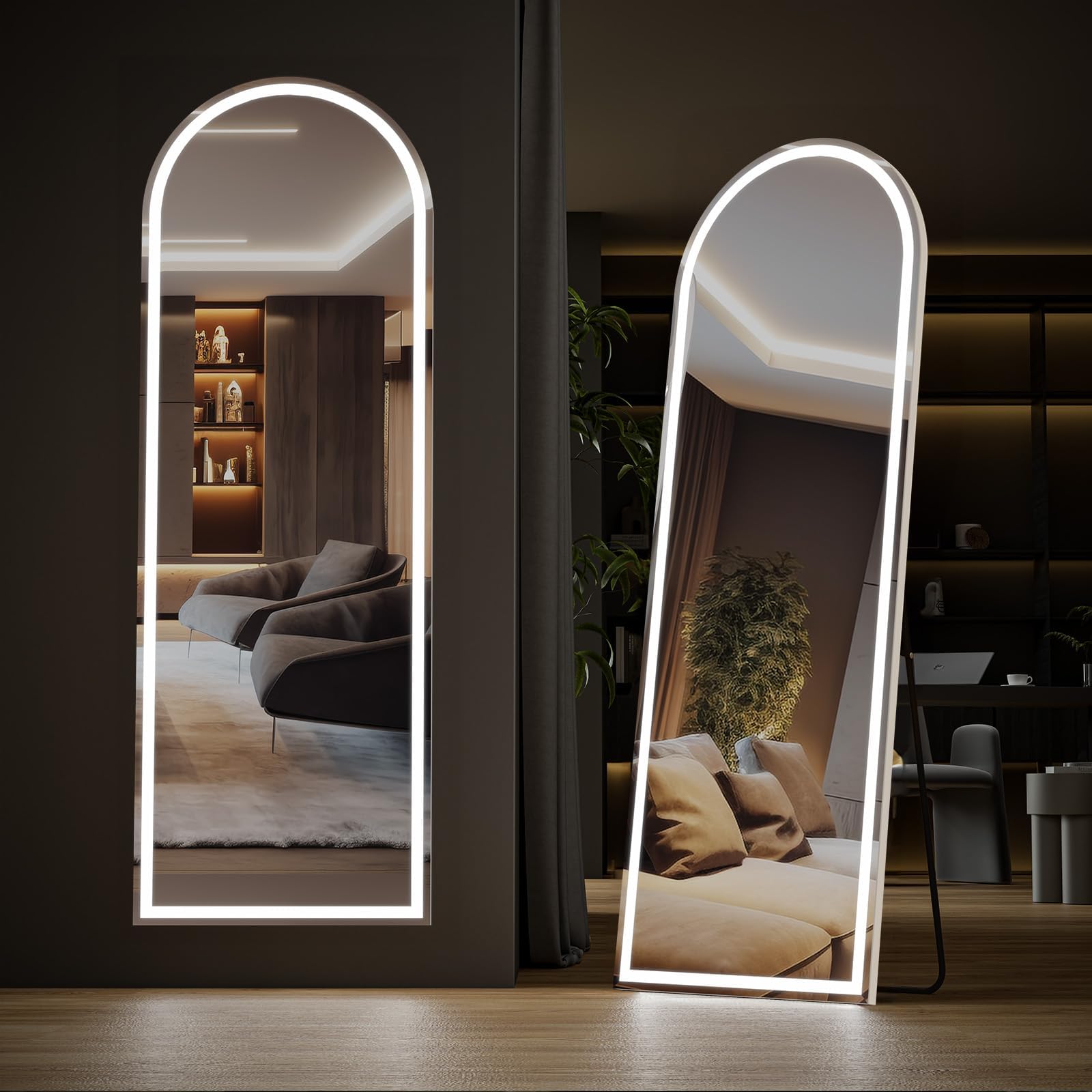 Sweetcrispy 63"x20" LED Mirror Full Length with Stand, Lighted Floor Mirror, w/Dimming & 3 Color Lighting, White