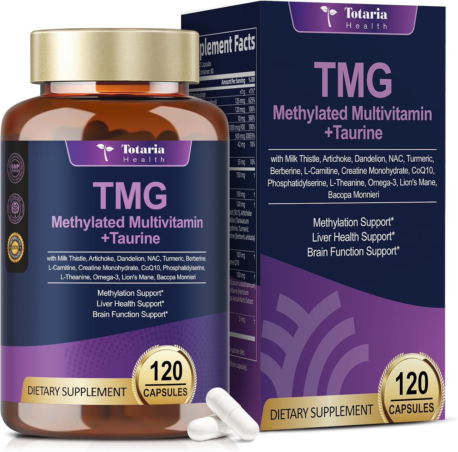 24-in-1 Methylated Multivitamin TMG Taurine Supplements (Trimethylglycine), Powerful Betaine Anhydrous, w/B Complex, B12, B9, NAC, for Heart, Liver, Brain, 120 Capsules, 60 Day Supply