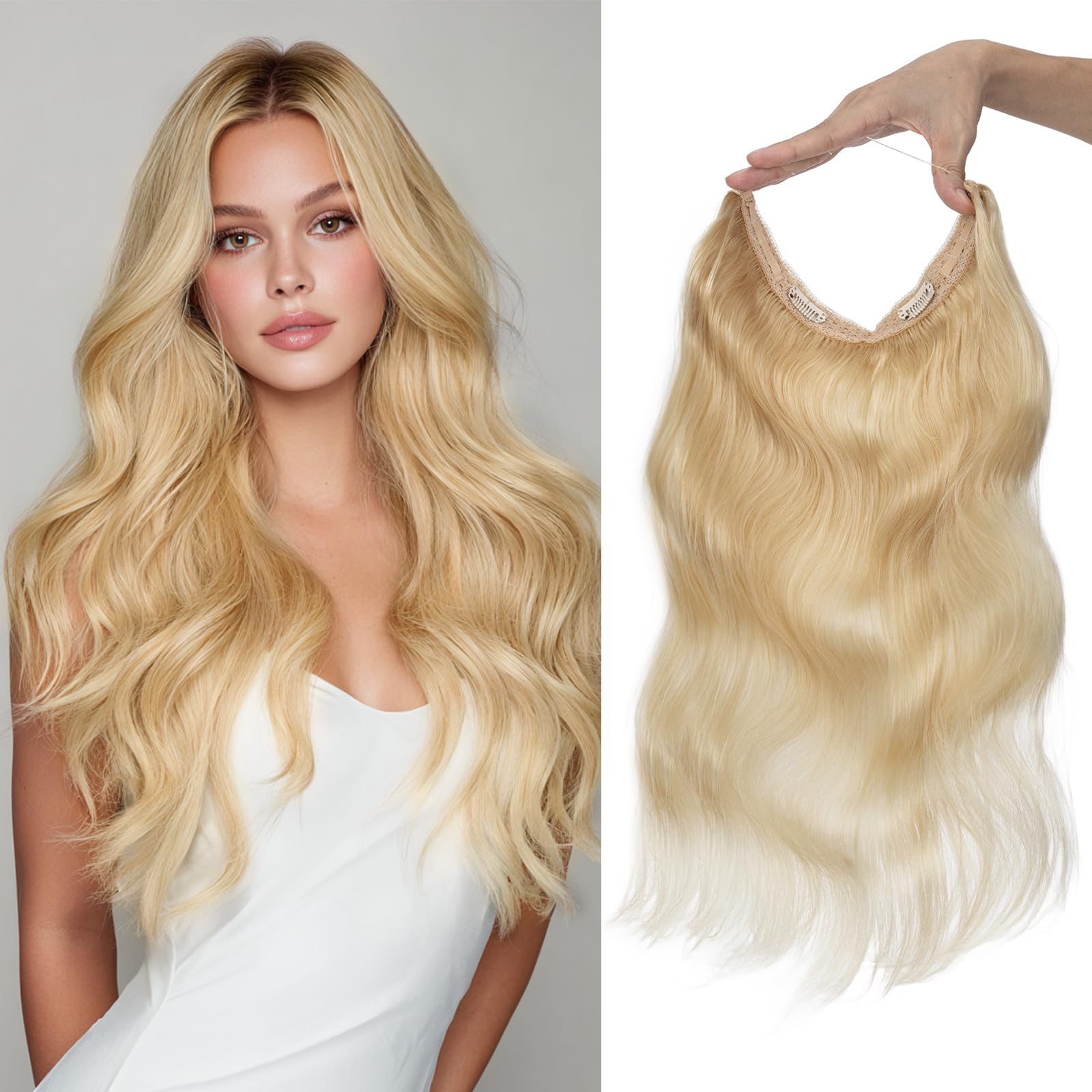 Photo 1 of Charites Halo Hair Extensions Real Human Hair Invisible Wire Extensions with Transparent Fish Line Wavy Curly Halo Clip in Human Hairpieces Platinum Blonde 12 Inch